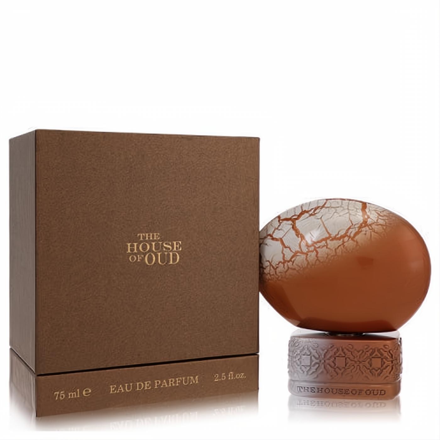 The House of Oud Wonderly 2.5 oz EDP. Distinctive brown & white cracked egg bottle with carved base, next to a textured brown box.