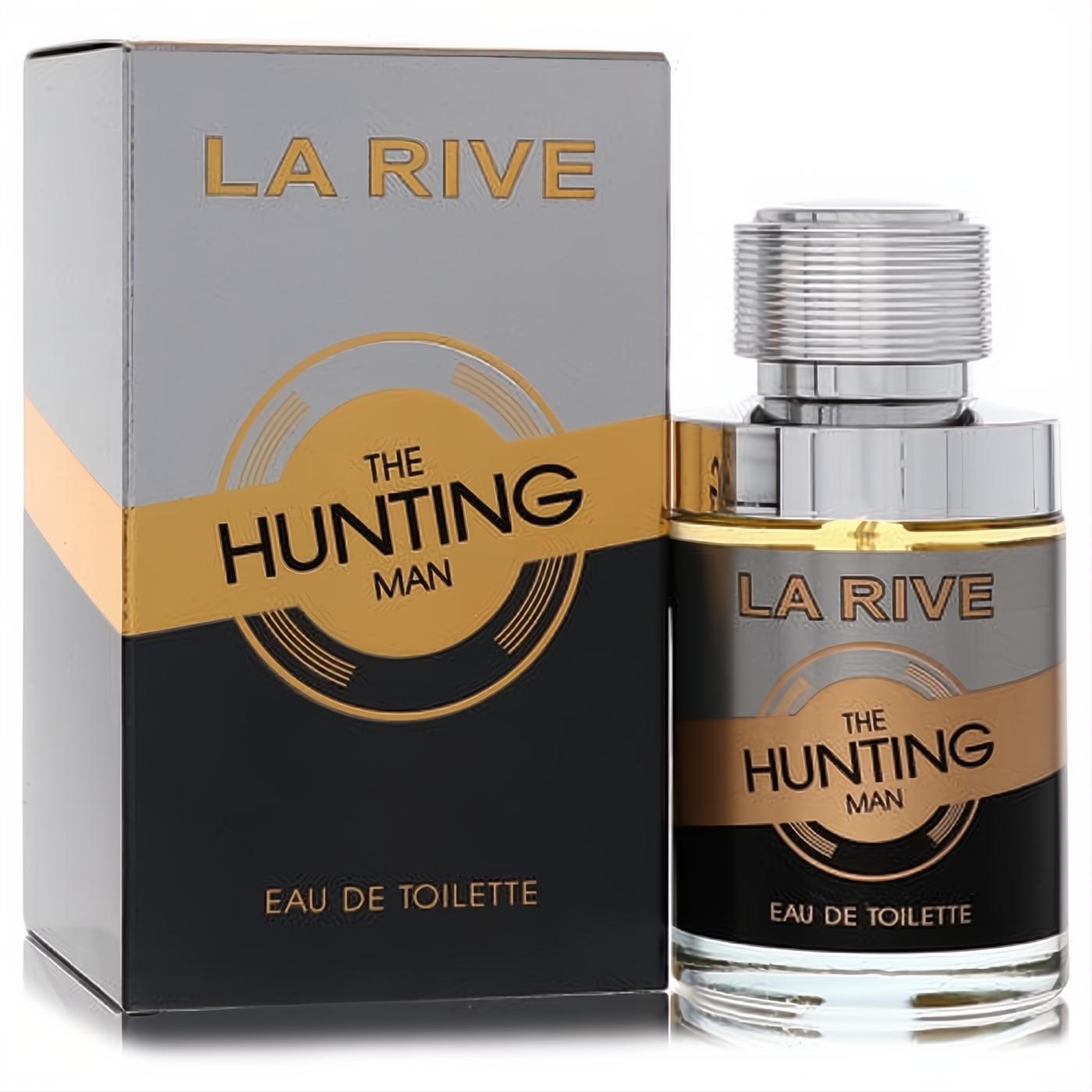 Masculine La Rive The Hunting Man 2.5 oz EDT spray. Bold black, grey, and gold bottle with a sleek silver cap and matching box.