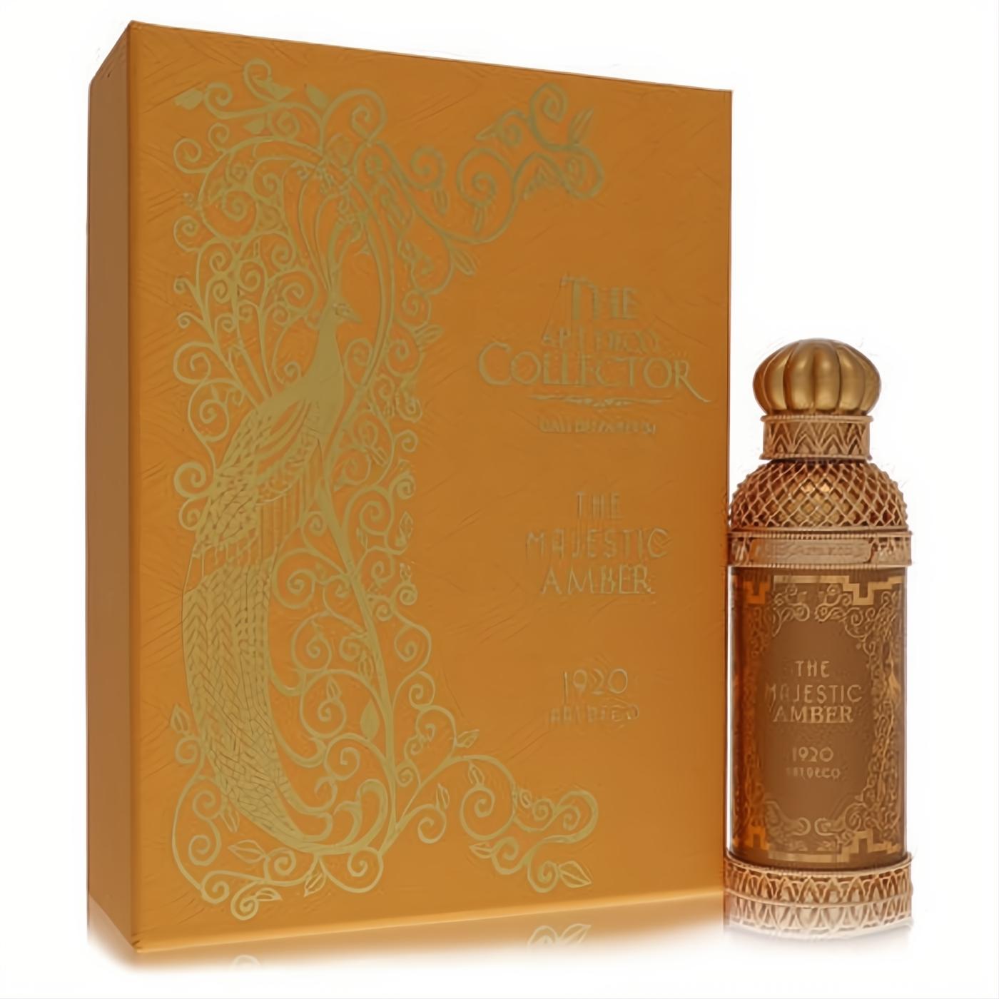Ornate gold Alexandre J Majestic Amber perfume bottle with intricate Art Deco patterns, beside its matching peacock-embossed box.