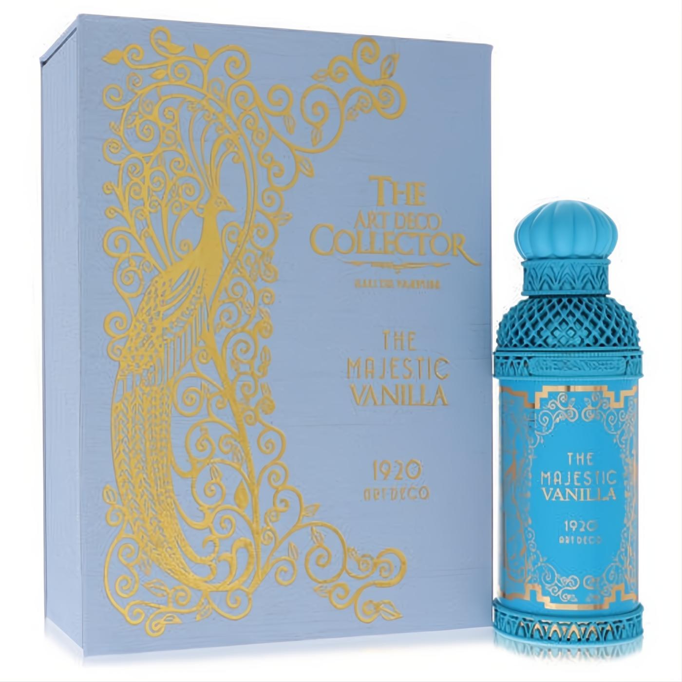 Majestic Vanilla by Alexandre J: Luxurious light blue Art Deco perfume bottle with gold peacock design, sculpted cap, and matching presentation box.