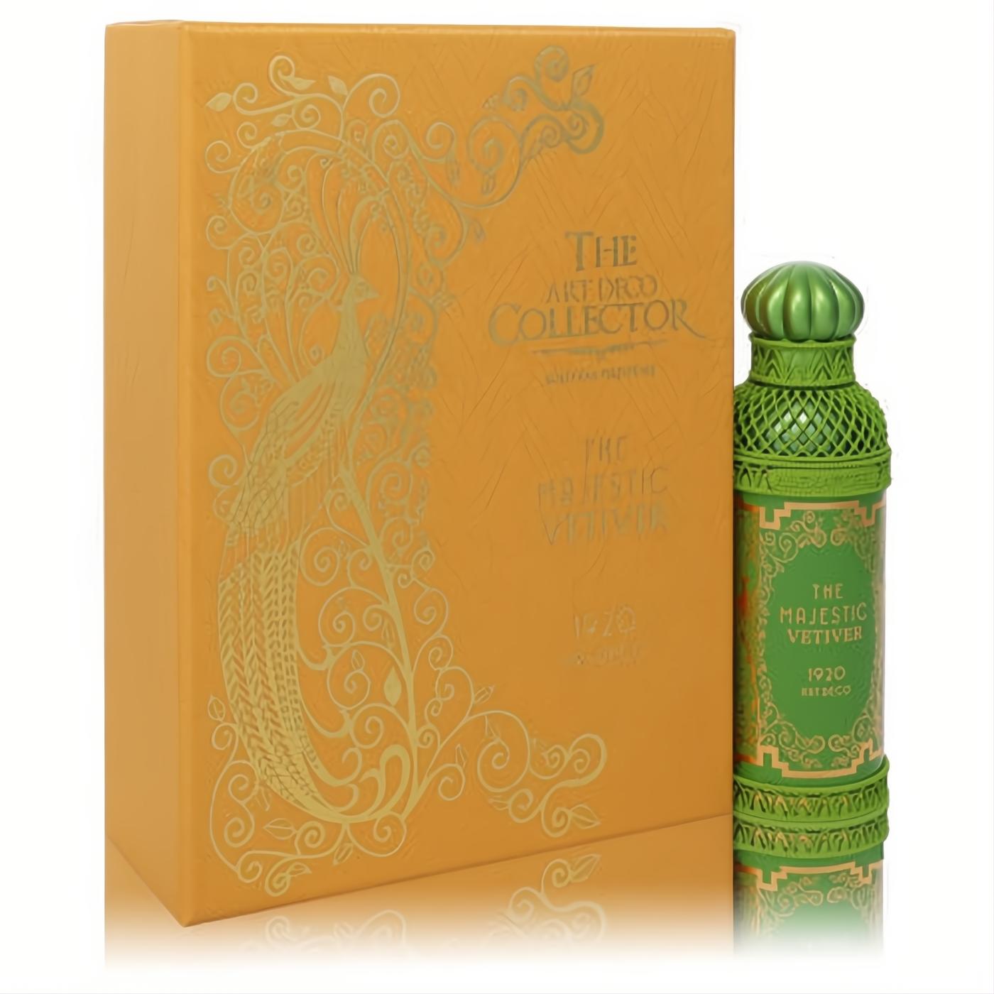 Majestic Vetiver perfume: vibrant green Art Deco bottle with ornate lattice, beside its golden embossed peacock box.
