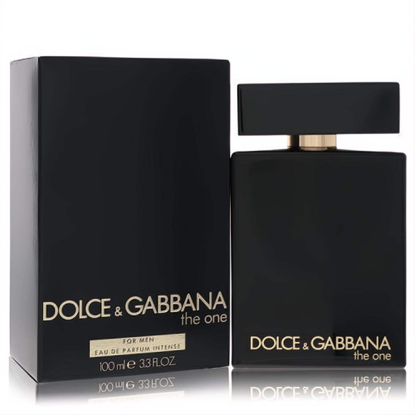 Bold Dolce & Gabbana The One Intense 3.3 oz men's EDP. Sleek black bottle with gold neck, next to its matching box.