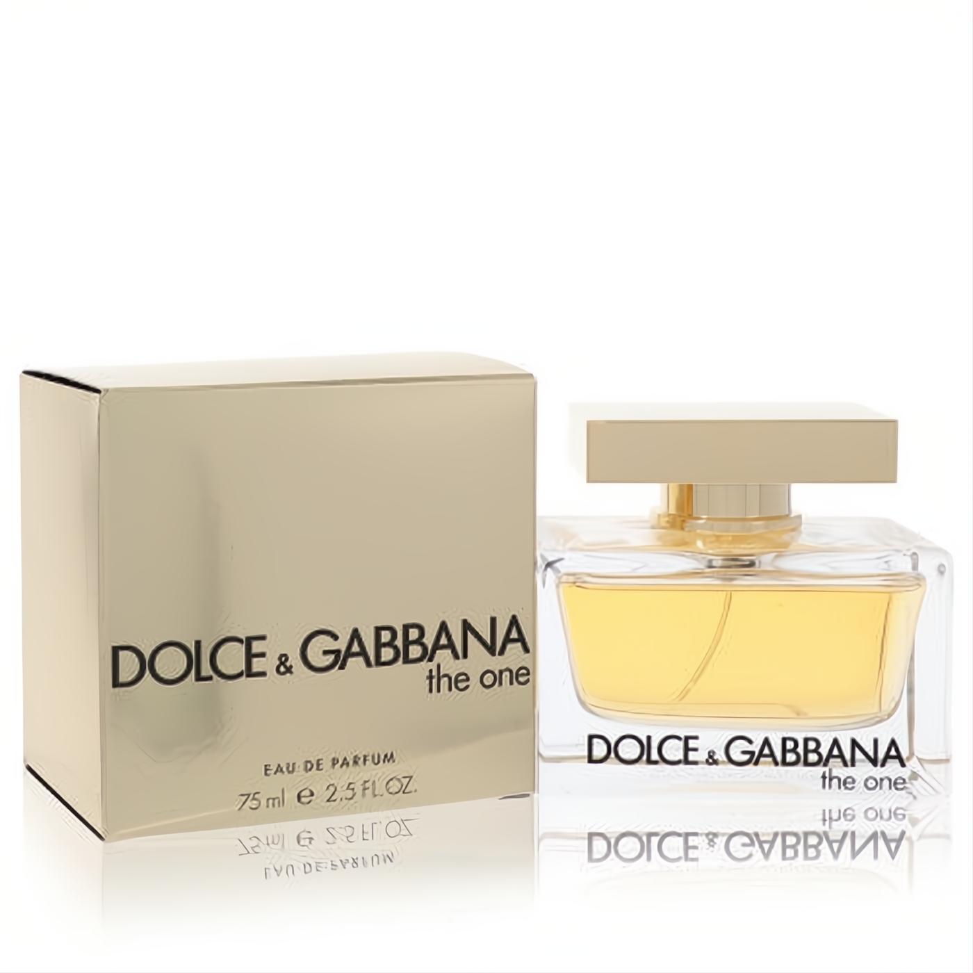 Dolce & Gabbana The One Eau De Parfum for women, 2.5 oz. Gold box and elegant clear glass bottle with a sleek gold cap.