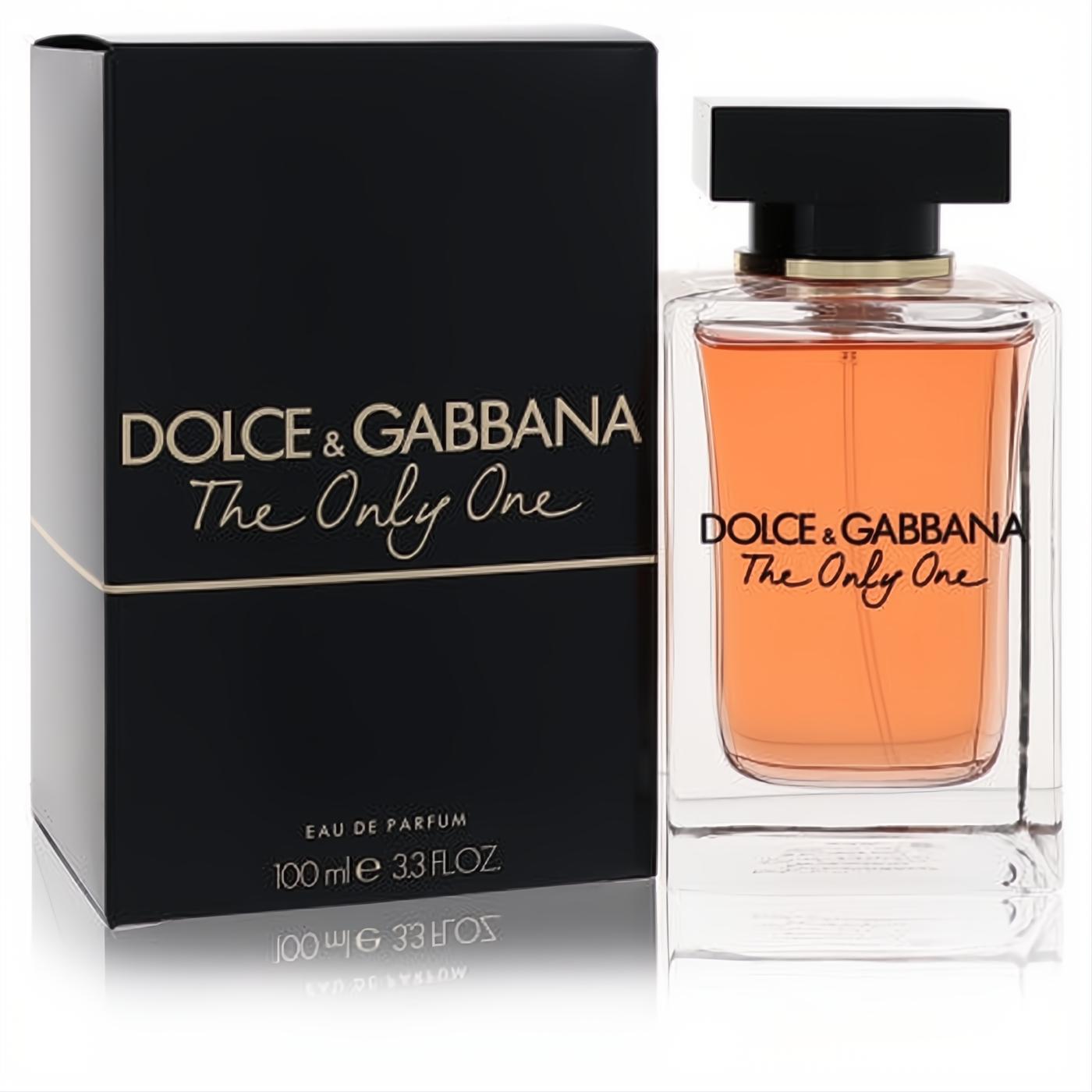 Dolce & Gabbana The Only One 3.3 oz EDP. Luxurious amber fragrance in a sleek clear glass bottle with a black cap and elegant black box.