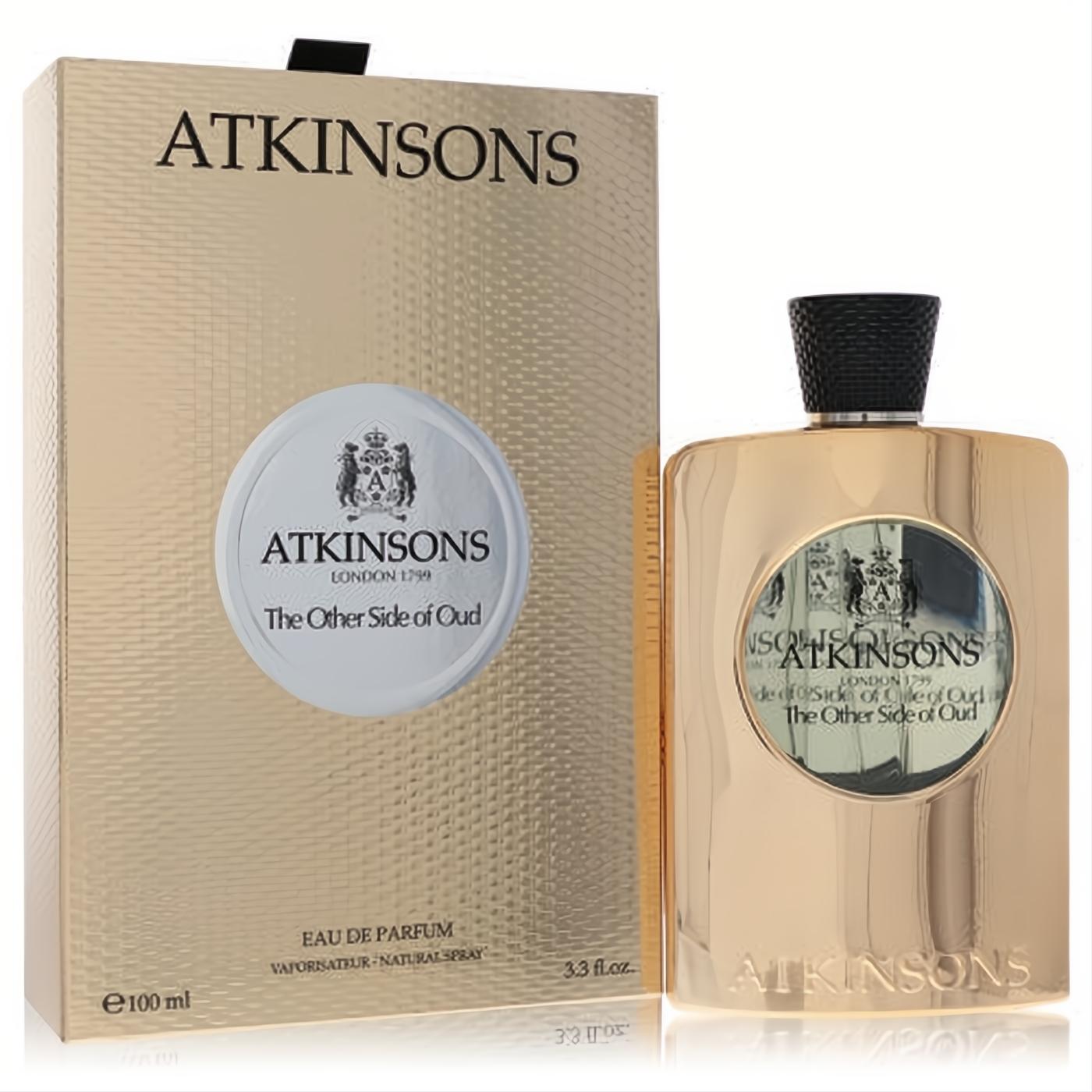 Striking Atkinsons The Other Side of Oud 3.3 oz unisex EDP. Elegant gold bottle with black cap and textured gold box.