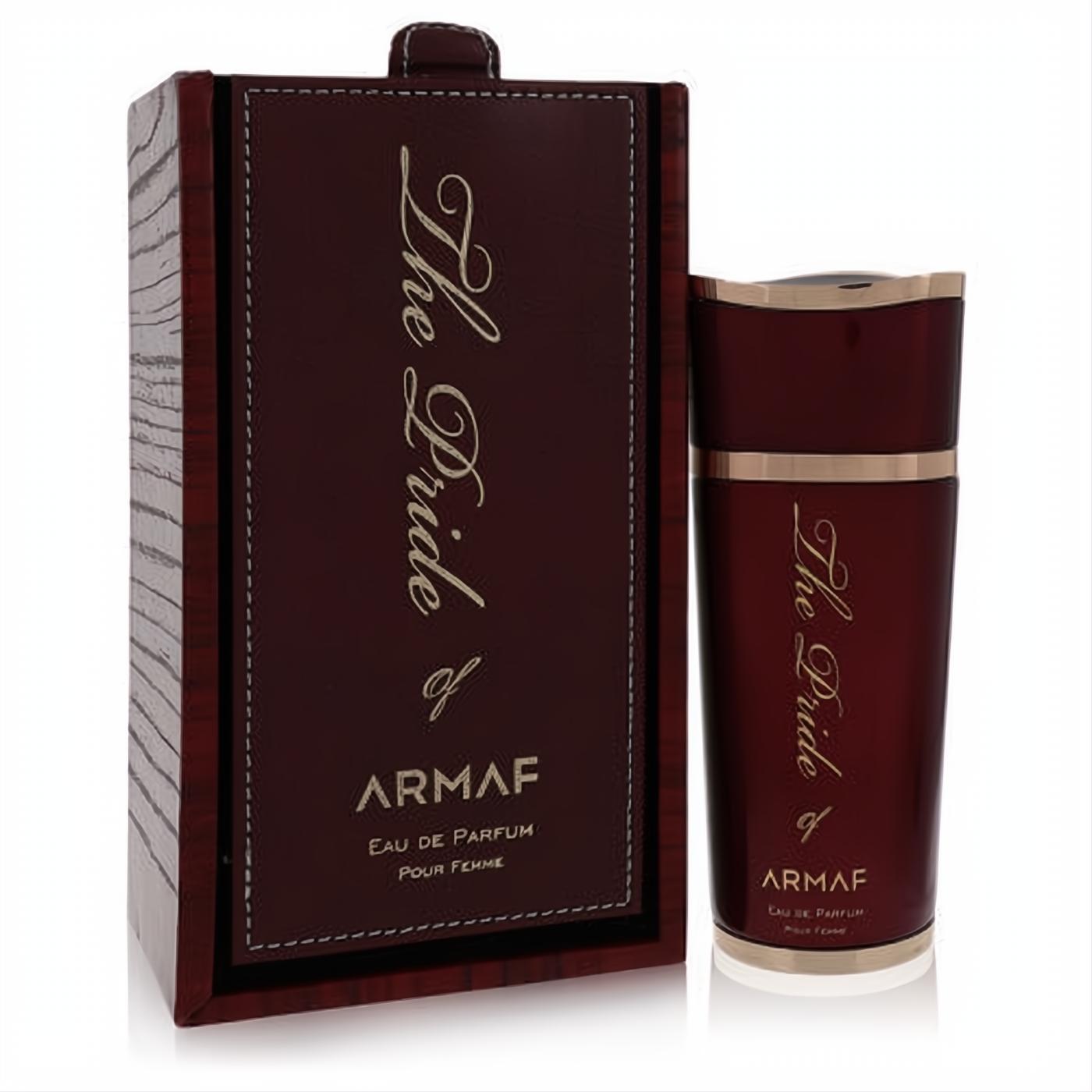 Luxurious Armaf The Pride of Armaf women's EDP in a deep burgundy bottle with gold accents and an elegant wood-grain gift box.