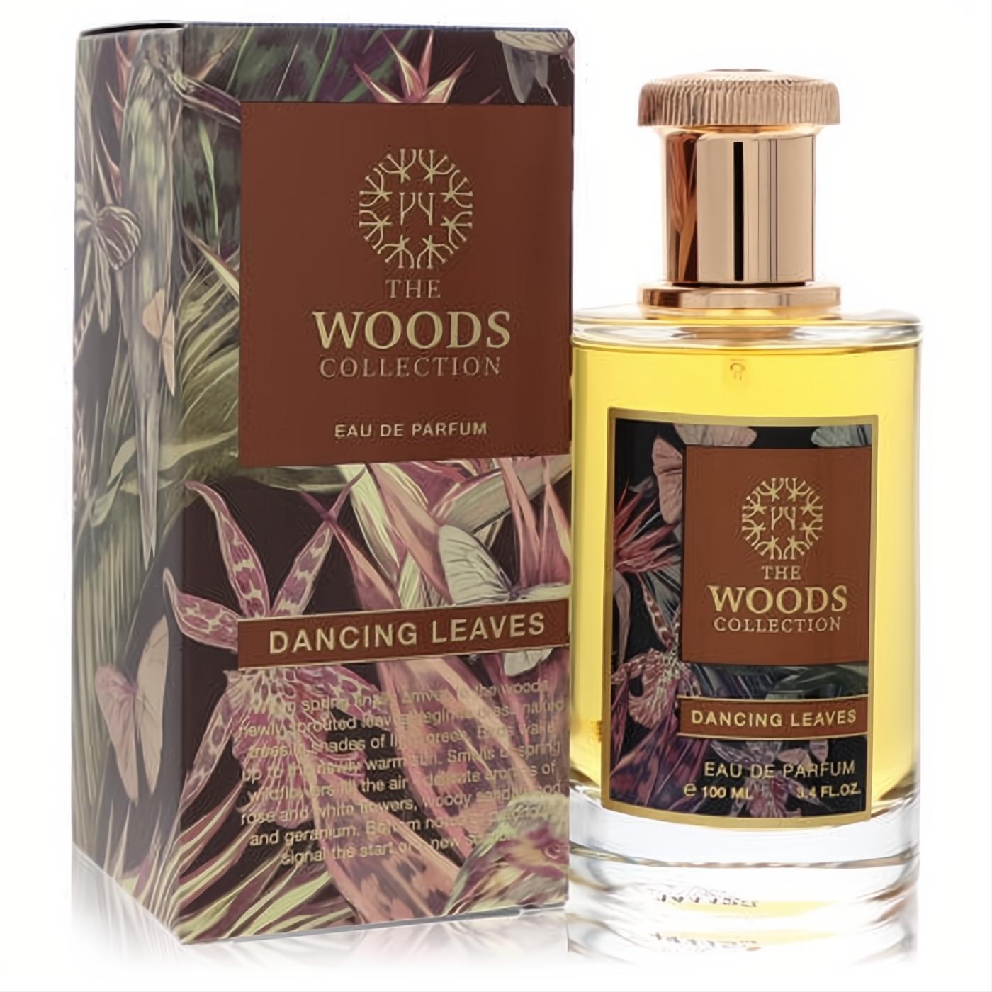 The Woods Collection Dancing Leaves 3.4 oz unisex Eau De Parfum. Golden liquid, sleek bottle, luxurious gold cap, exotic tropical leaf box.