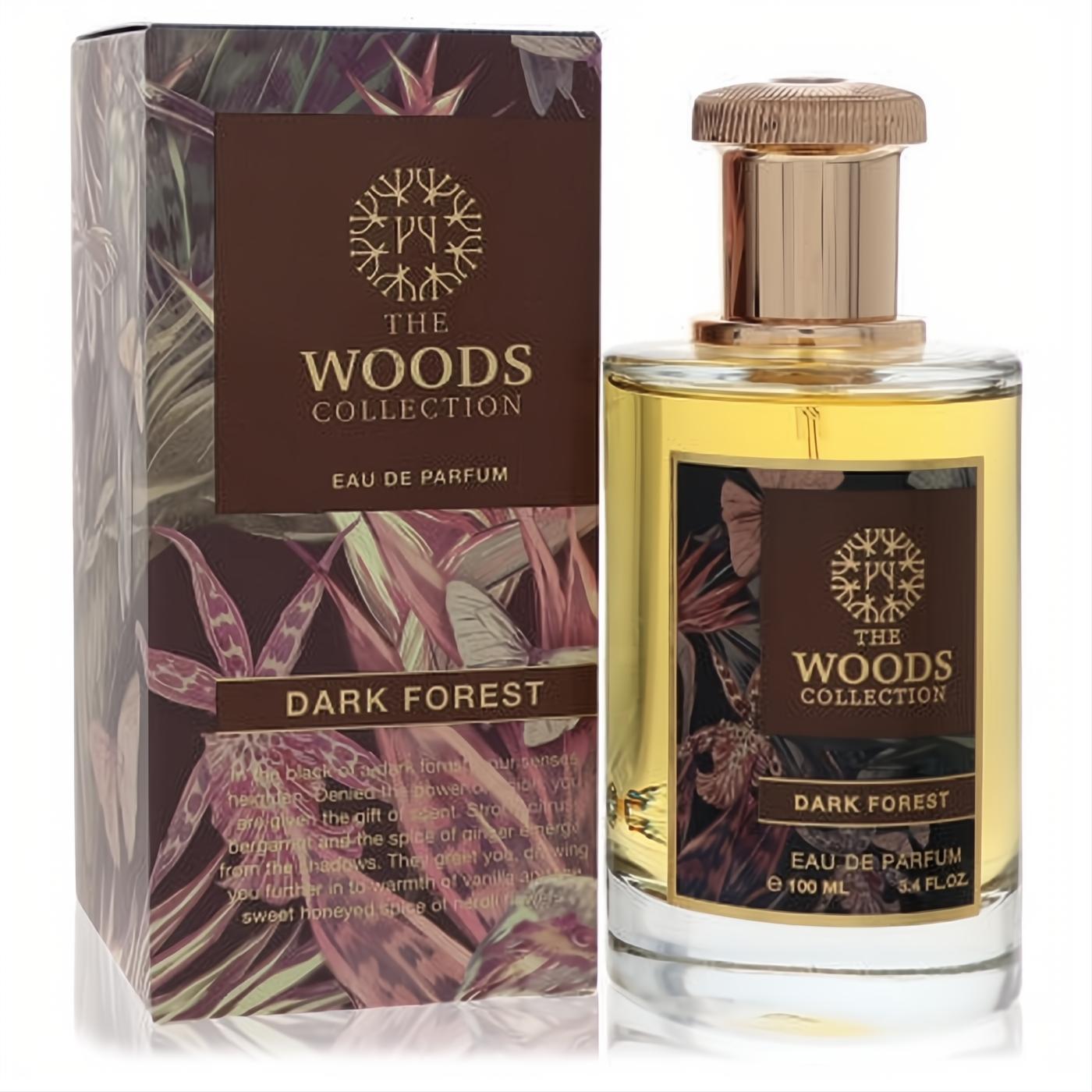 Luxurious Dark Forest unisex perfume, 3.4 oz. Amber fragrance in a clear glass bottle with a gold cap and nature-inspired brown box.