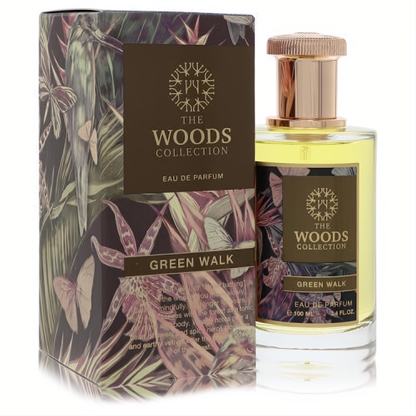 Captivating Green Walk 3.4 oz unisex Eau De Parfum by The Woods Collection. Clear bottle, gold cap, and lush botanical print box.
