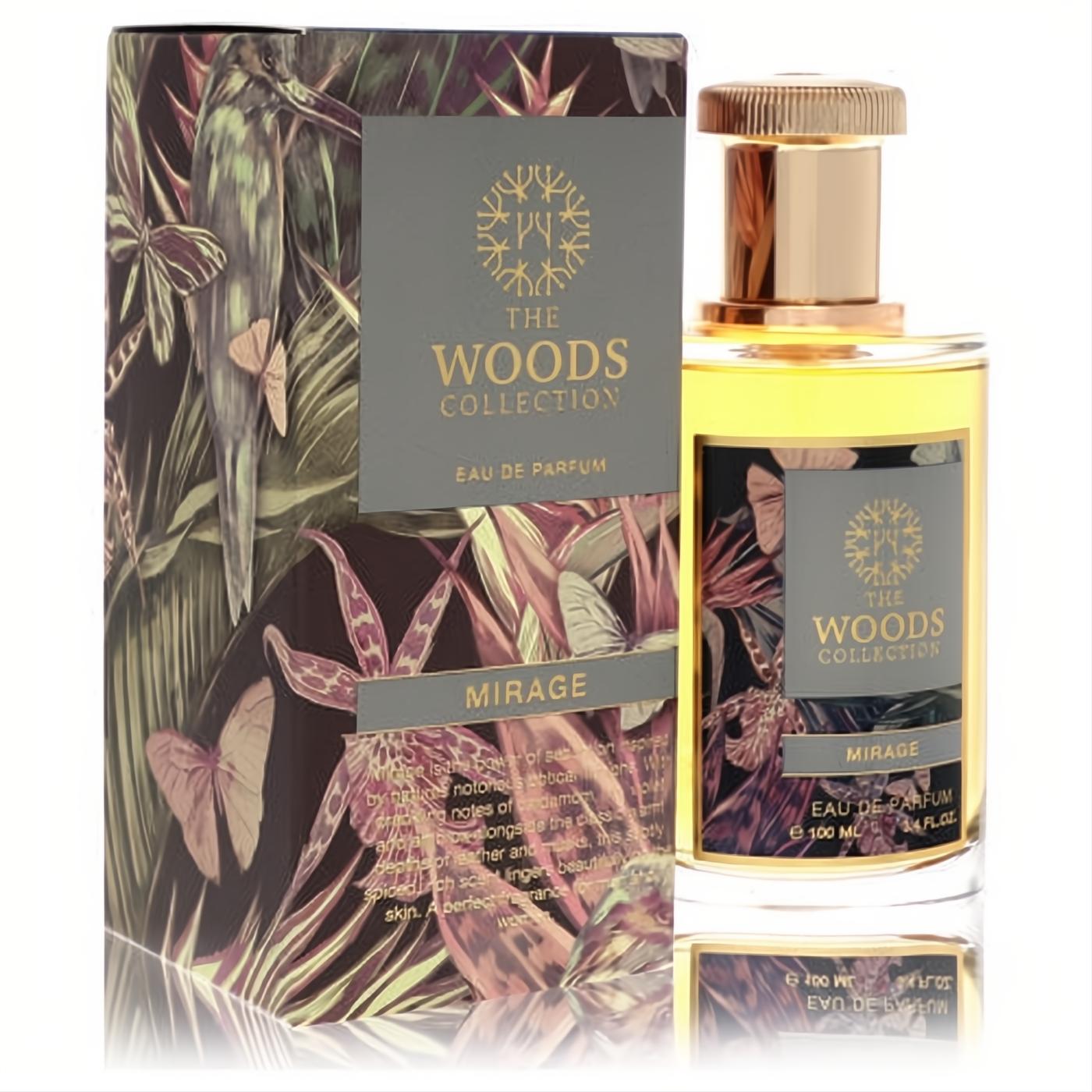 Elegant Woods Collection Mirage unisex Eau De Parfum, 3.4 oz. Clear bottle with gold cap and exotic tropical art on label and matching box.
