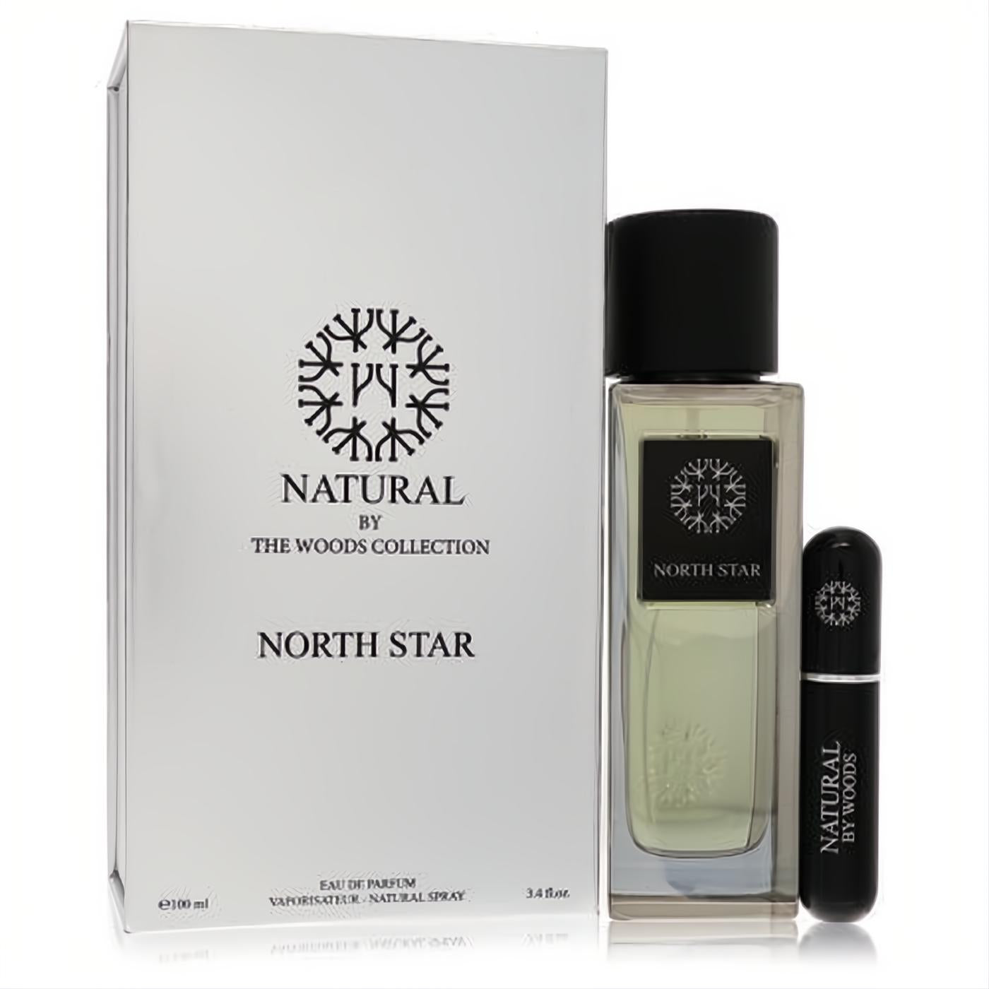 Elegant Woods Collection Natural North Star 3.4 oz unisex EDP. Clear glass bottle, black cap, sleek mini refillable spray.