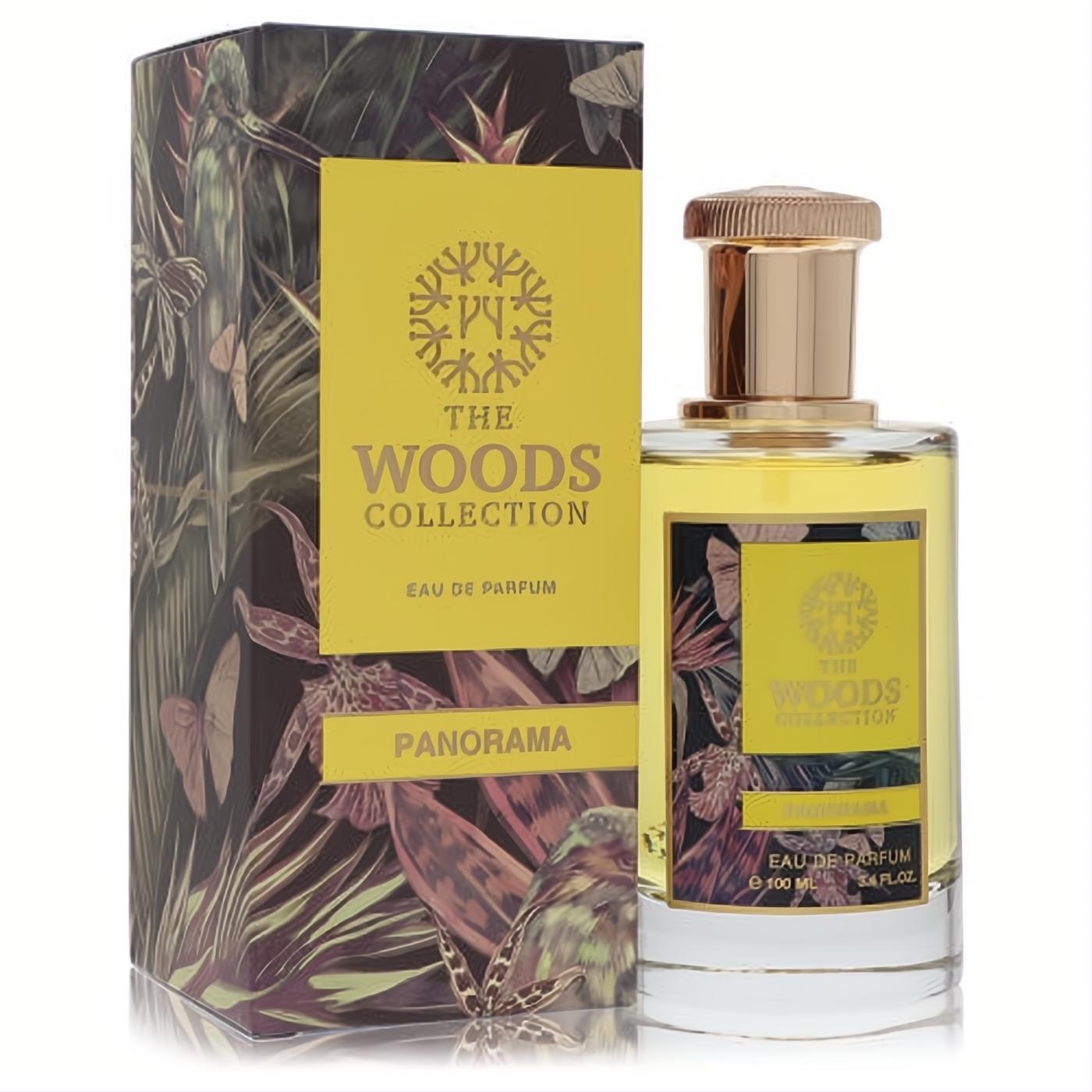 Luxurious The Woods Collection Panorama 3.4 oz unisex EDP. Clear bottle, gold cap, vibrant jungle-print box.