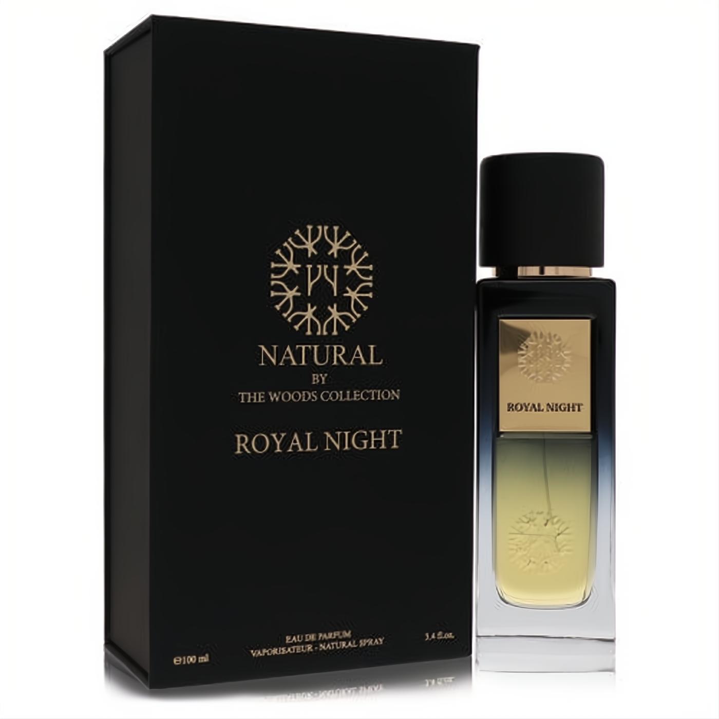 The Woods Collection Royal Night 3.4 oz unisex Eau De Parfum. Luxurious black box and elegant gradient glass bottle with gold accents.