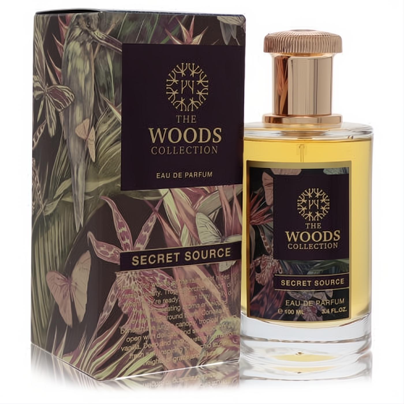 Experience The Woods Collection Secret Source 3.4 oz unisex Eau de Parfum. Clear bottle, amber liquid, gold cap, and exotic botanical box.
