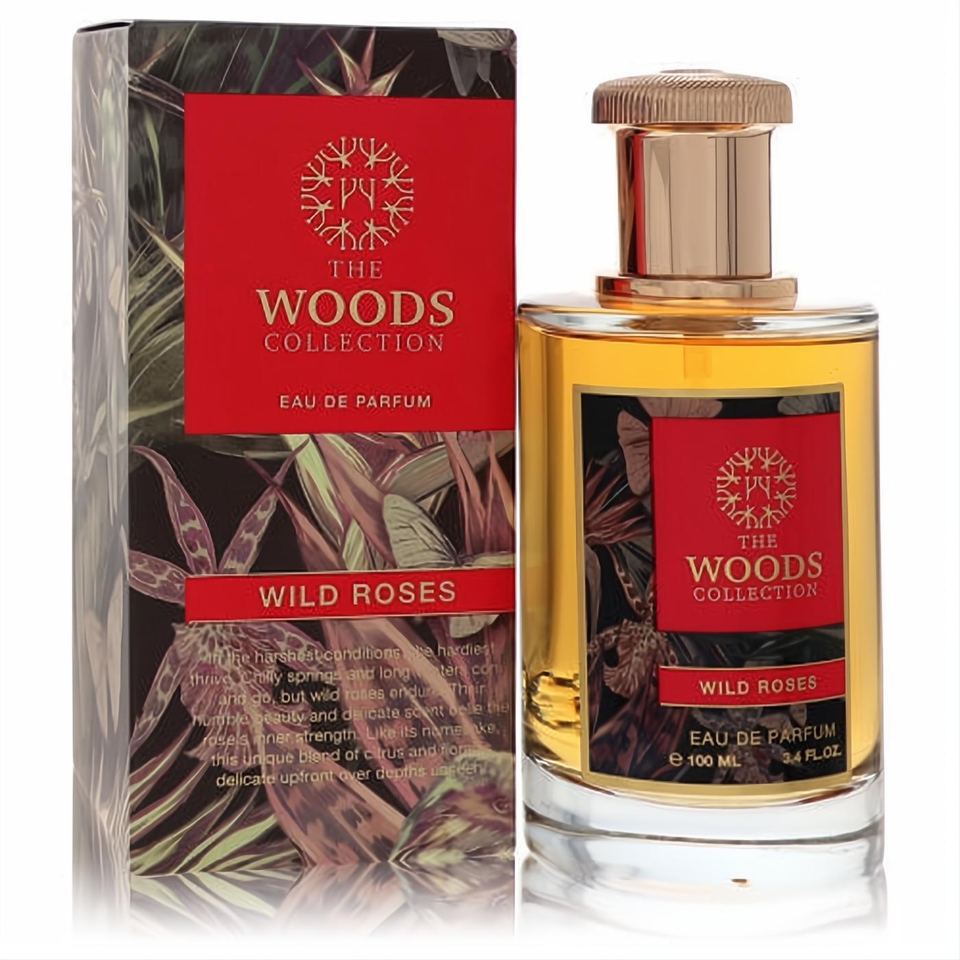 Discover The Woods Collection Wild Roses 3.4 oz unisex Eau De Parfum. Clear bottle, gold cap, red label, and lush botanical print box.