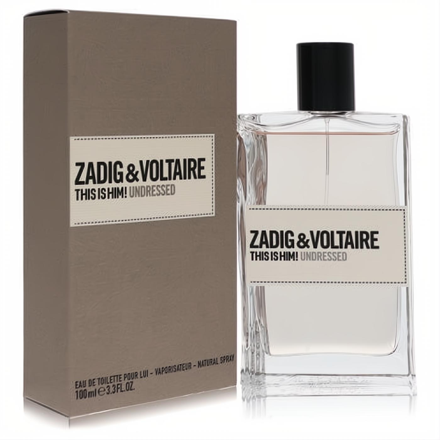 Zadig & Voltaire This Is Him Undressed 3.3 oz men's EDT. Sleek clear glass bottle, black cap, and stylish brown box.