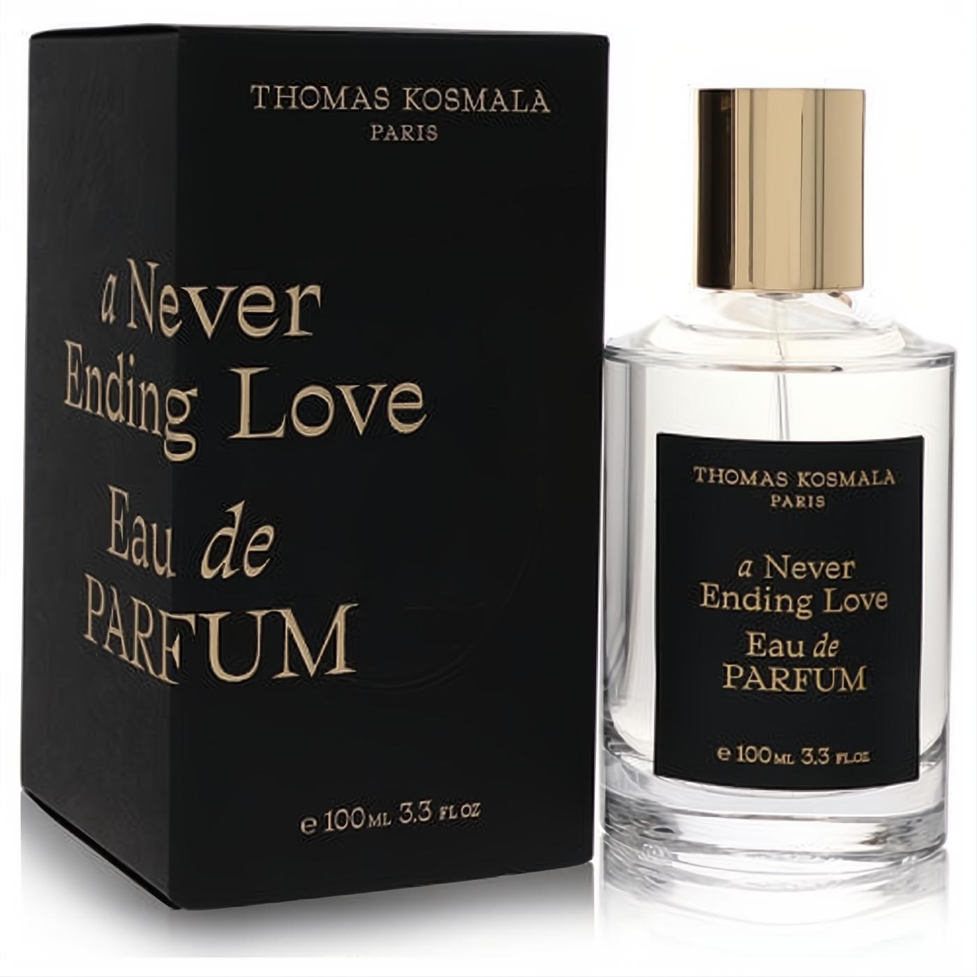 Luxurious Thomas Kosmala A Never Ending Love 3.3 oz unisex Eau de Parfum in a sleek clear bottle with gold cap and elegant black box.