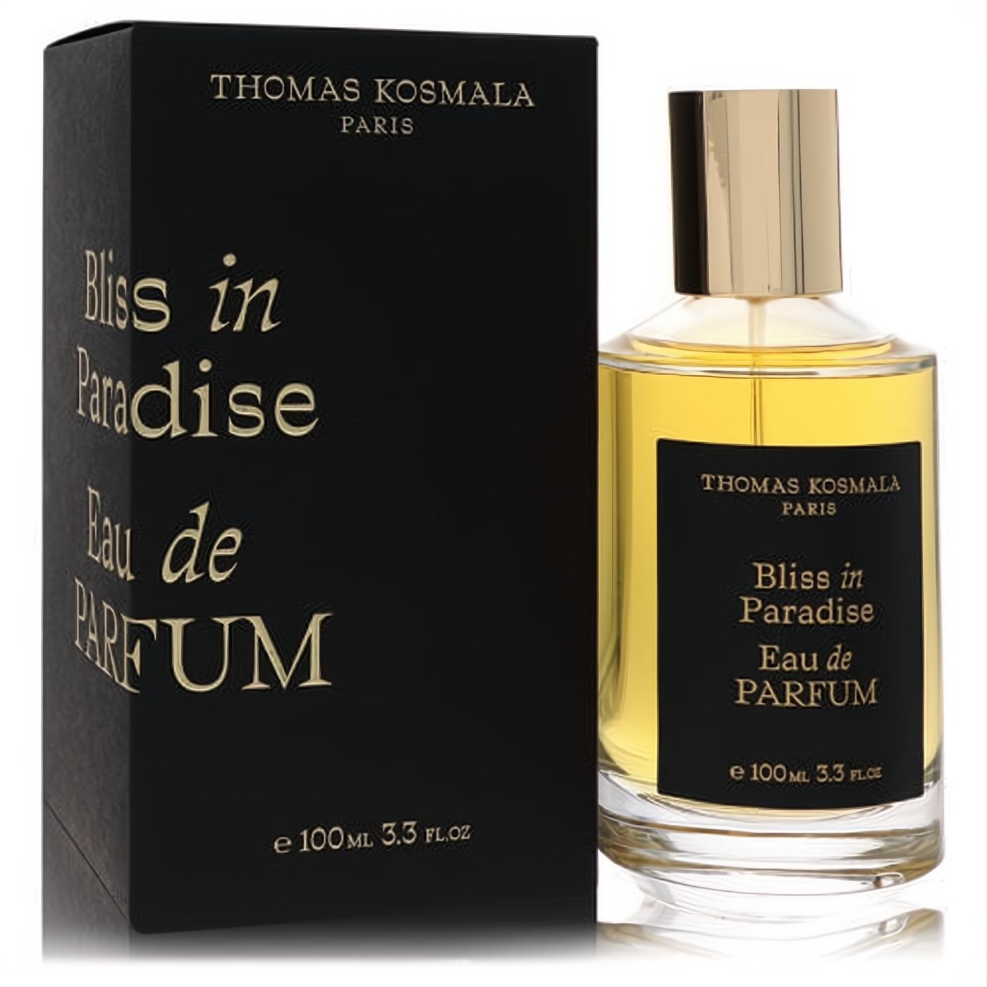 Thomas Kosmala Bliss In Paradise 100ml unisex EDP. Sleek black box, clear bottle with amber fragrance, and luxurious gold cap.