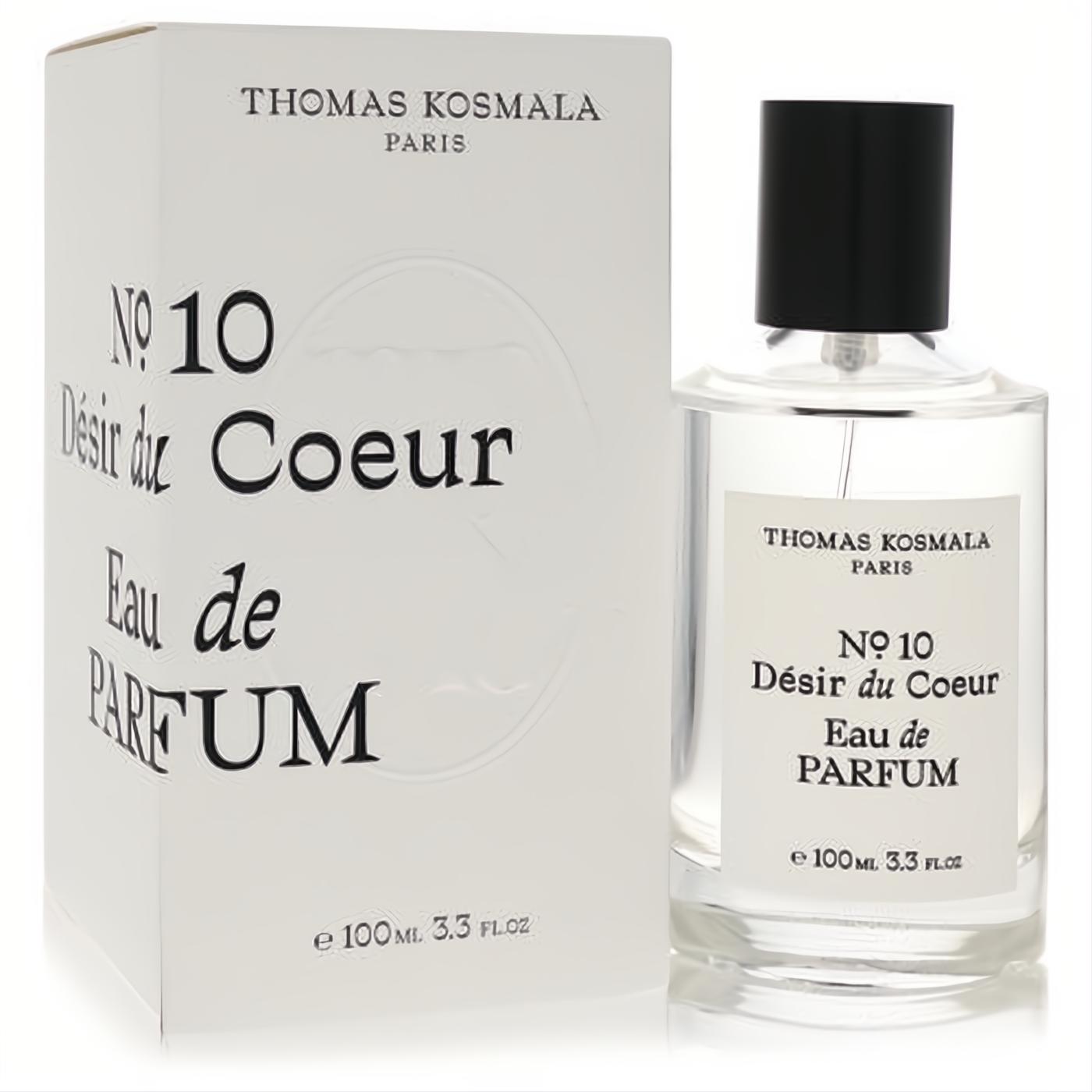 Thomas Kosmala No 10 Desir Du Coeur 100ml Eau de Parfum. Clear glass bottle, sleek black cap, and elegant white box.