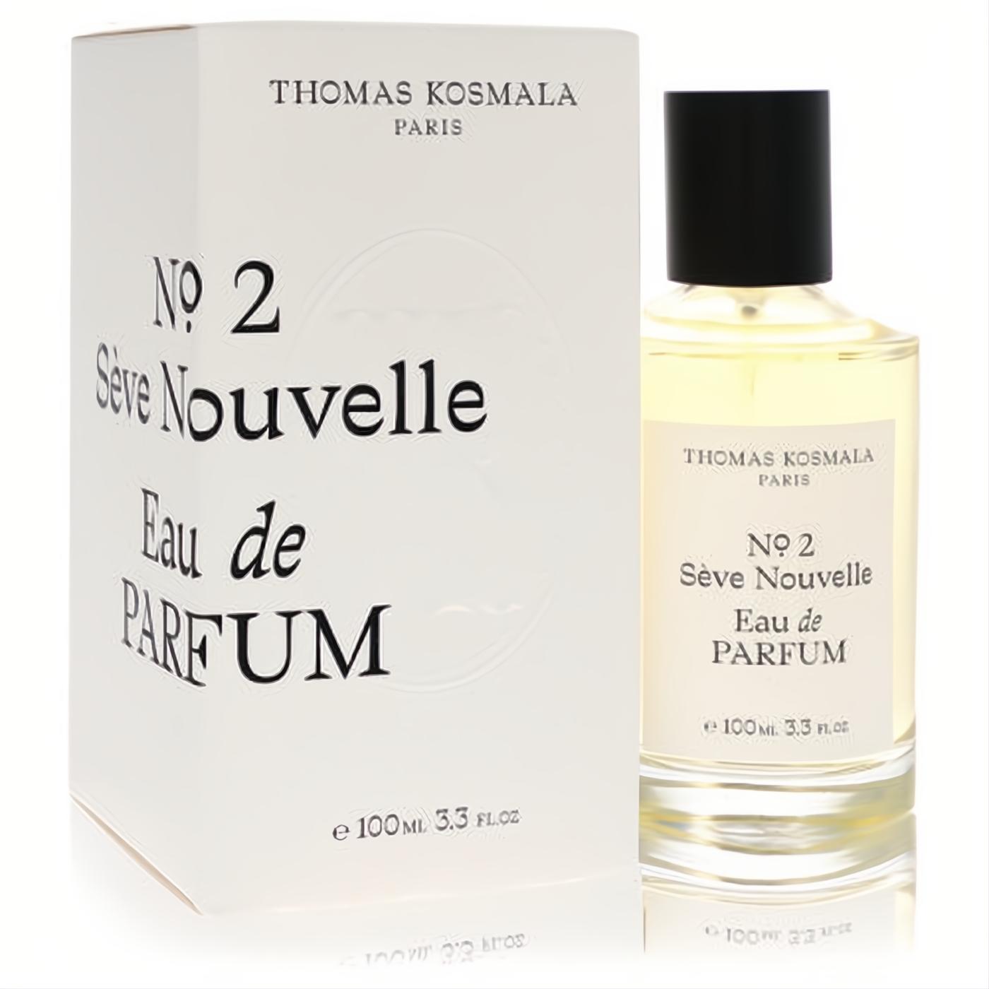 Luxurious Thomas Kosmala No 2 Seve Nouvelle unisex Eau de Parfum, 3.4 oz. Clear bottle with golden liquid, beside its elegant white box.