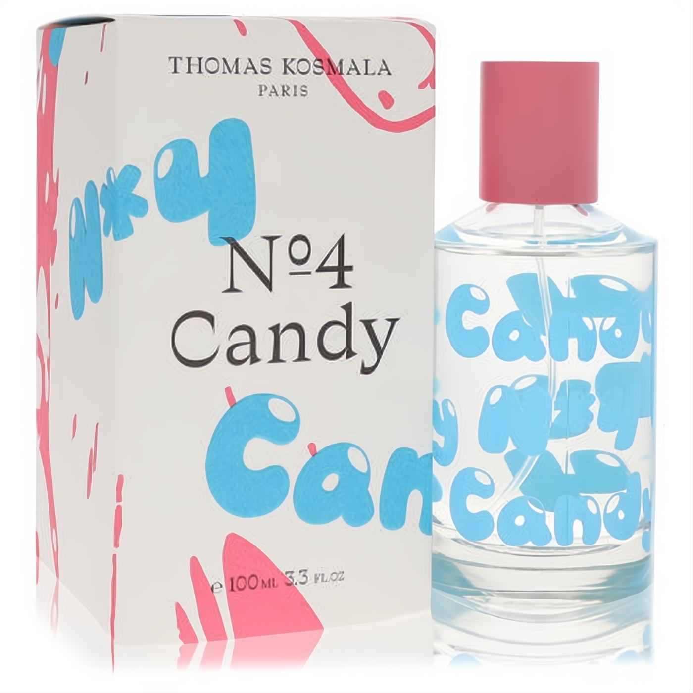 Vibrant Thomas Kosmala No 4 Candy 3.4 oz EDP. Clear bottle with playful blue 'Candy' design, pink cap, and matching white box.