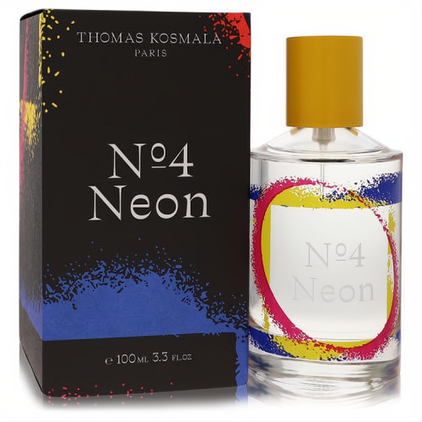 Thomas Kosmala No 4 Neon unisex EDP, 3.4 oz. Clear bottle with vibrant pink, yellow, blue splash art, gold cap, and black box.