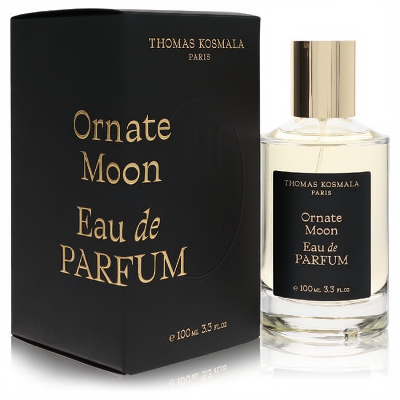 Thomas Kosmala Ornate Moon 3.3 oz Eau de Parfum. Clear glass bottle with black label, gold cap, beside a luxurious black and gold box.