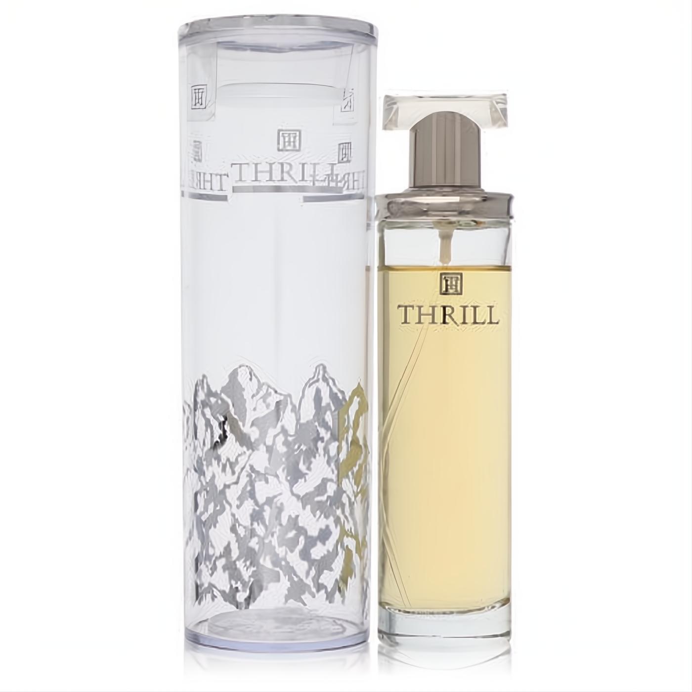 Thrill by Victory International 3.4 oz women's Eau De Parfum. Elegant glass bottle with silver cap and mountain-inspired packaging.