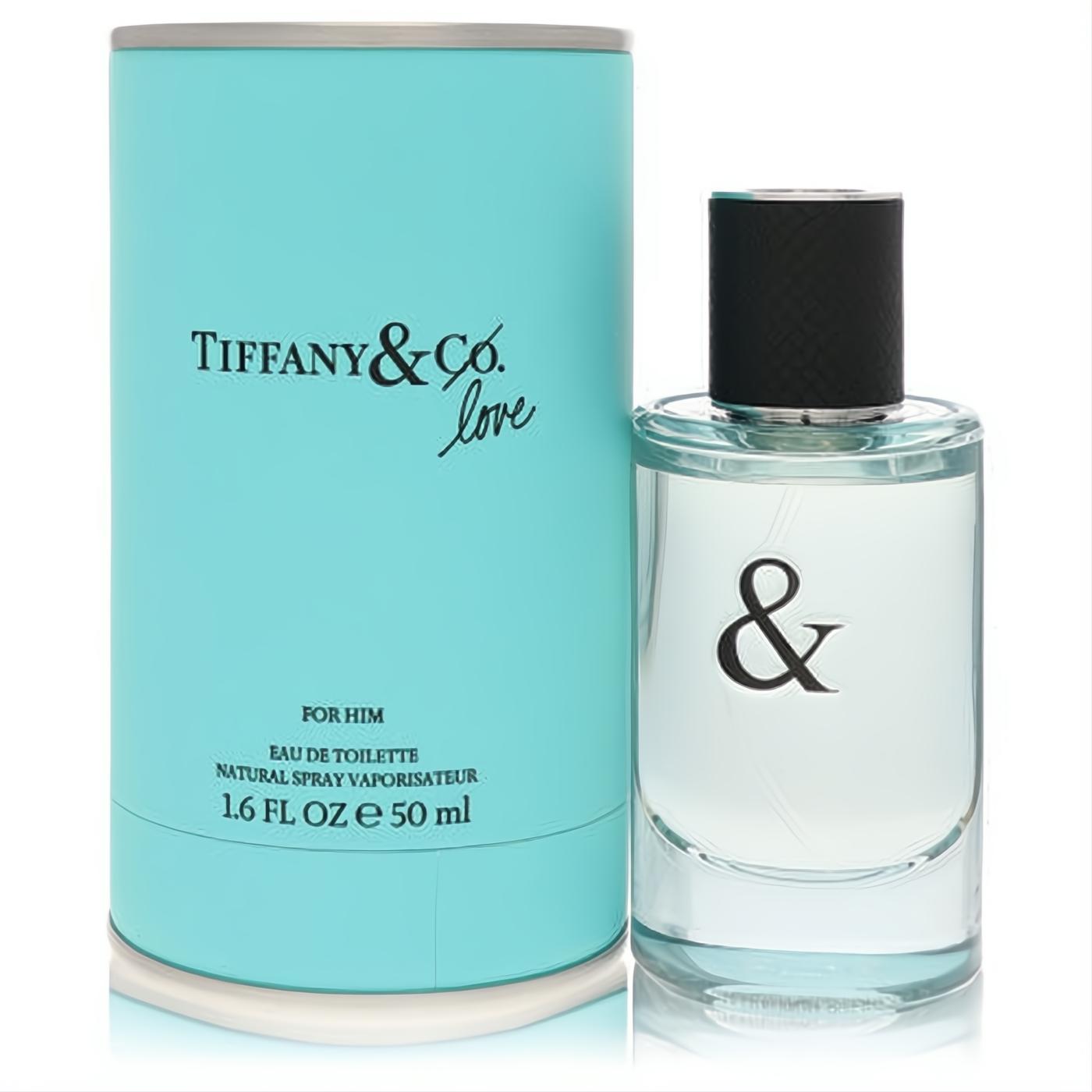 Tiffany & Love men's 1.6 oz Eau De Toilette. Clear glass bottle with black cap and signature Tiffany blue cylindrical box.