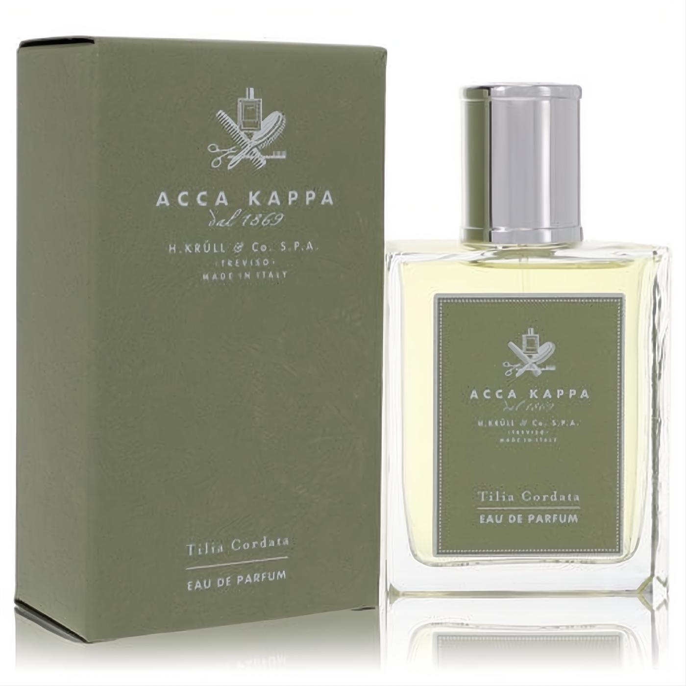 Experience Acca Kappa Tilia Cordata unisex Eau De Parfum. Clear glass spray bottle, silver cap, olive green label, and matching elegant box.