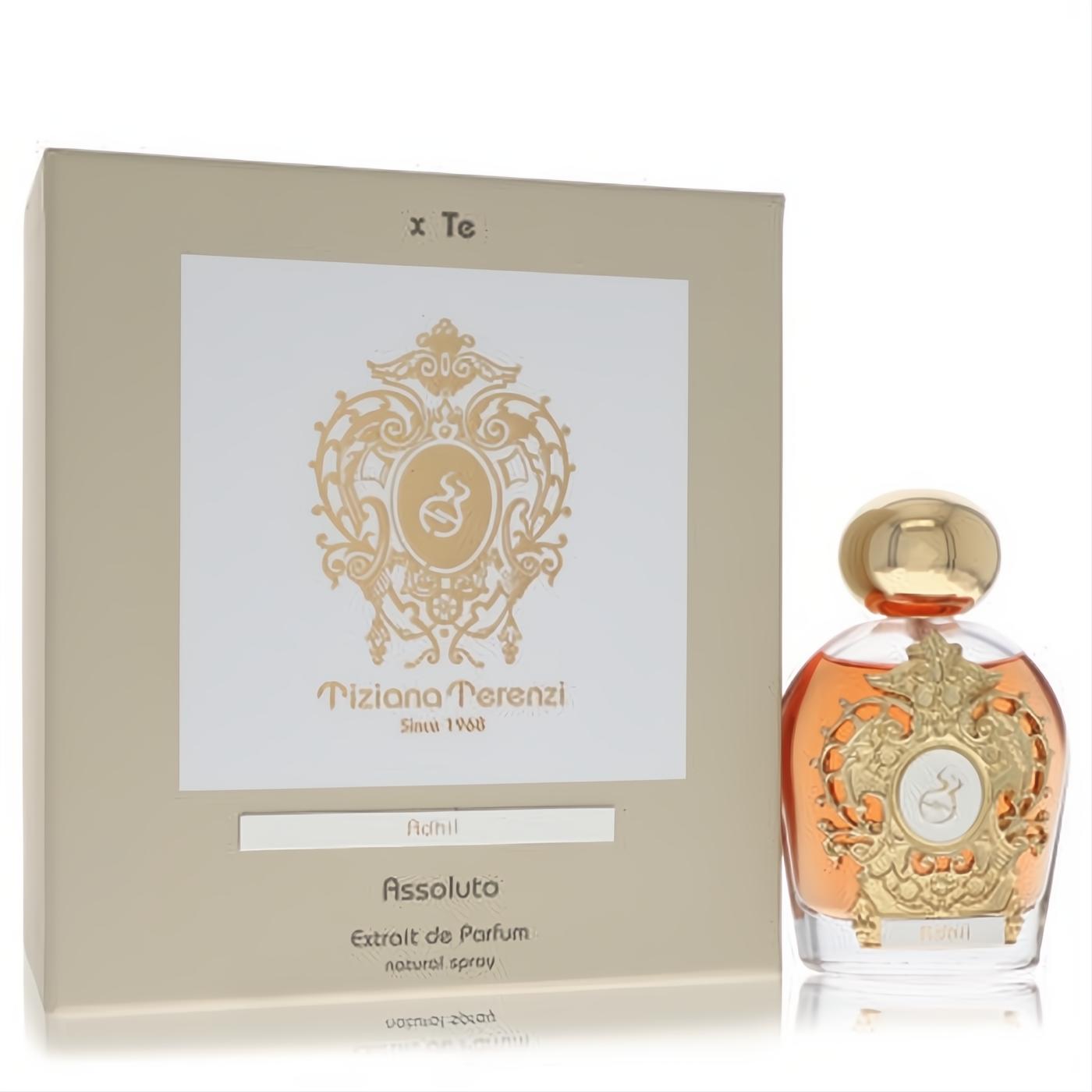 Tiziana Terenzi Adhil extrait de parfum: elegant amber bottle with ornate gold emblem, paired with a sophisticated beige box.