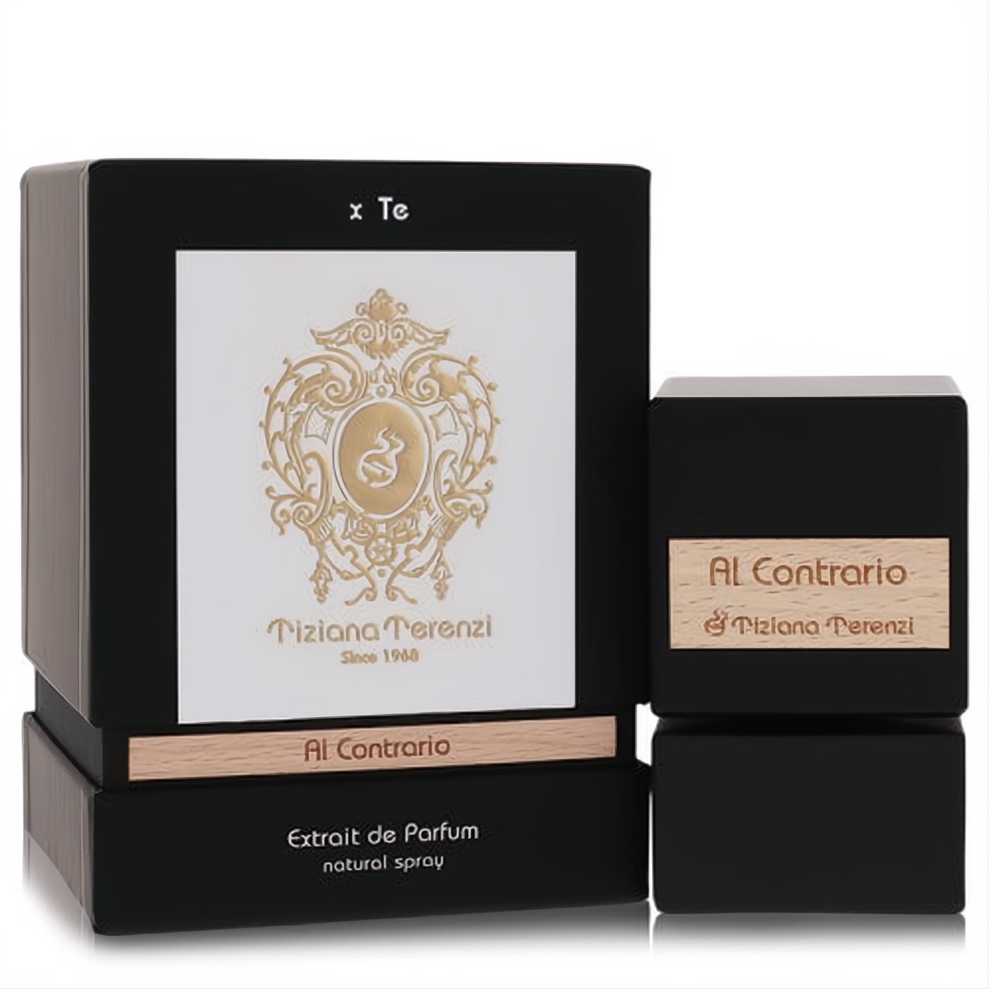 Luxurious Tiziana Terenzi Al Contrario 1.75 oz extrait de parfum. Black box with gold crest and wood label, matching bottle.