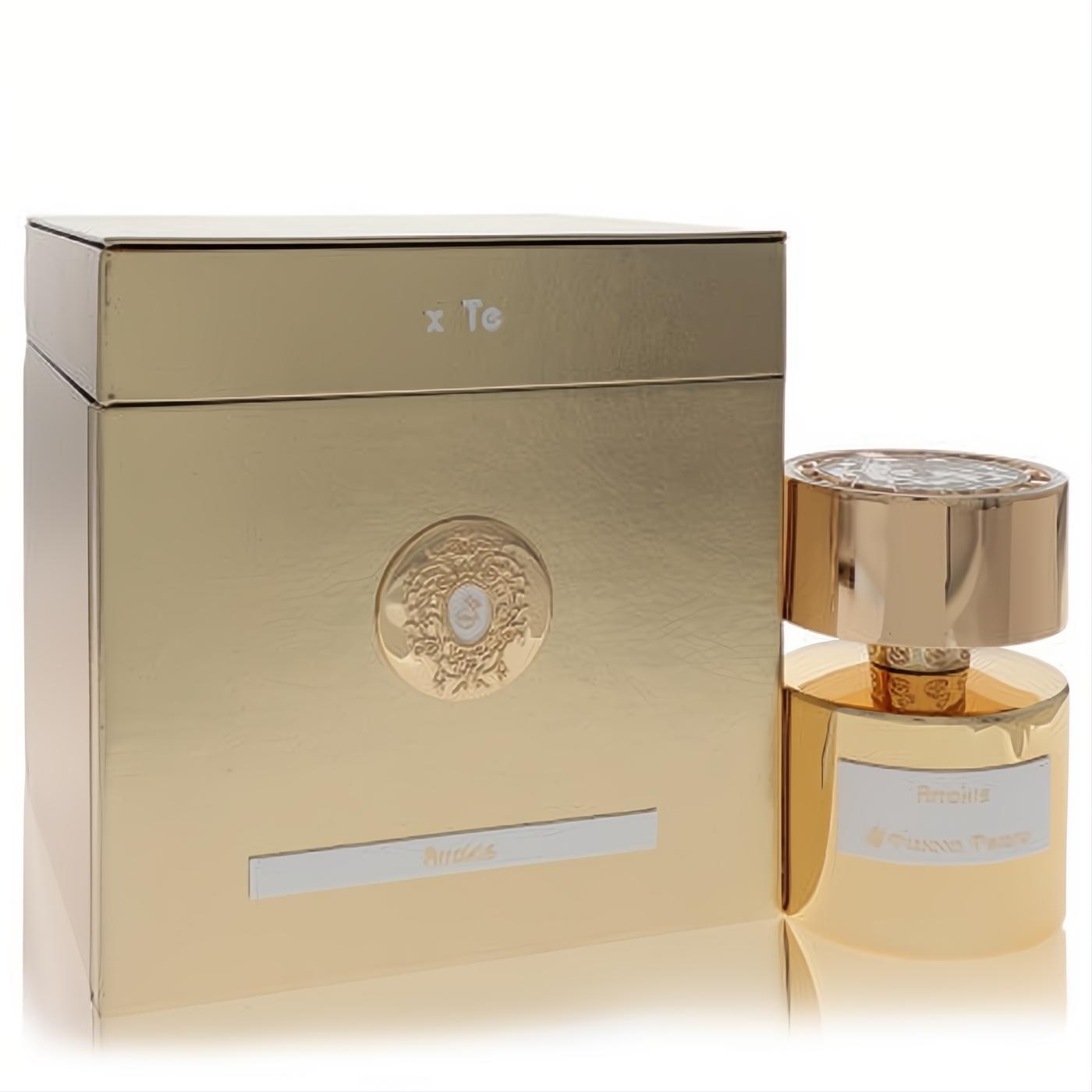 Stunning Tiziana Terenzi Arrakis unisex perfume in a radiant gold bottle with ornate cap and elegant gold box.