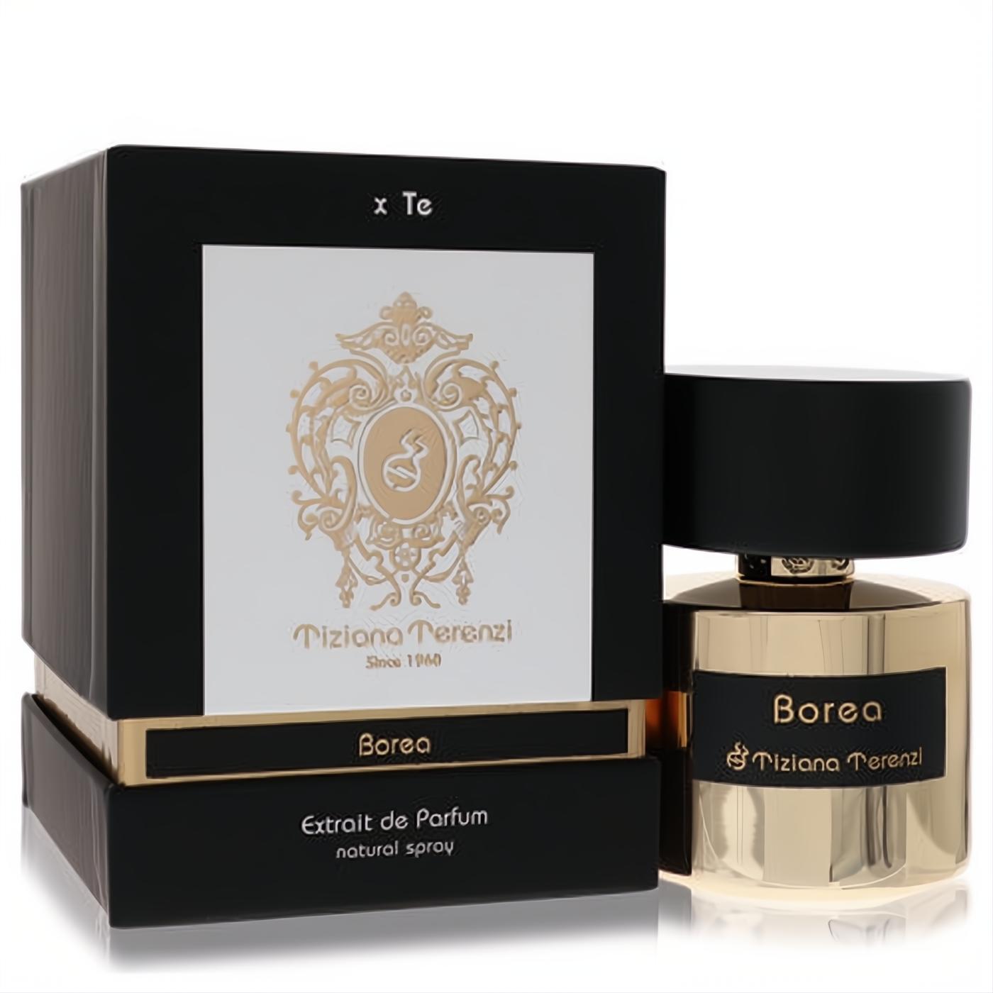 Luxurious Tiziana Terenzi Borea Extrait de Parfum in a sleek gold bottle with black cap, next to its elegant black and gold branded box.