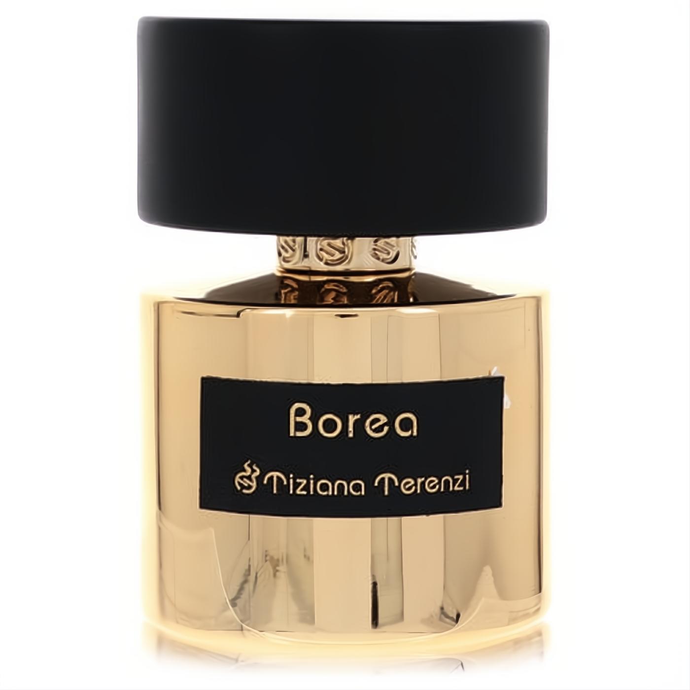Gleaming gold Tiziana Terenzi Borea perfume bottle with a sophisticated black label and cap, showcasing luxury fragrance.
