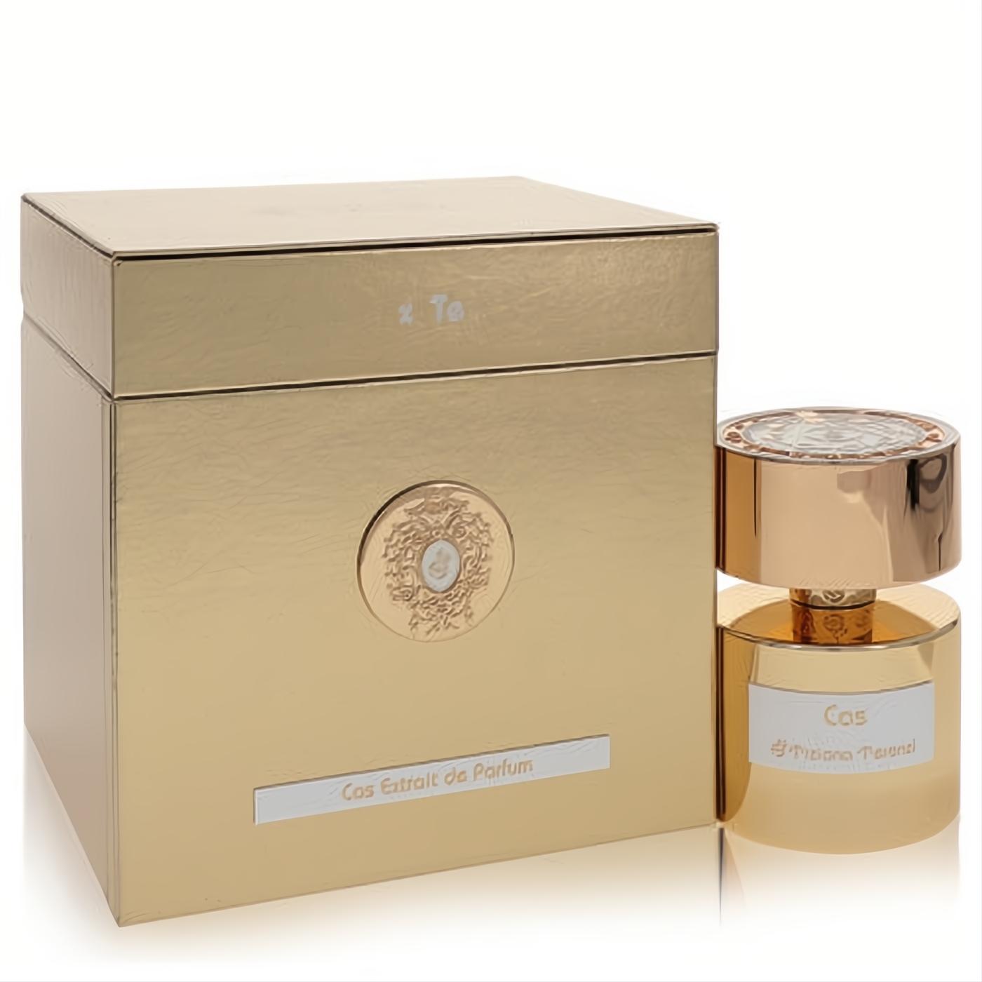 Captivating Tiziana Terenzi Cas 3.38 oz unisex Extrait De Parfum. Shimmering gold bottle, ornate cap, and elegant matching box.