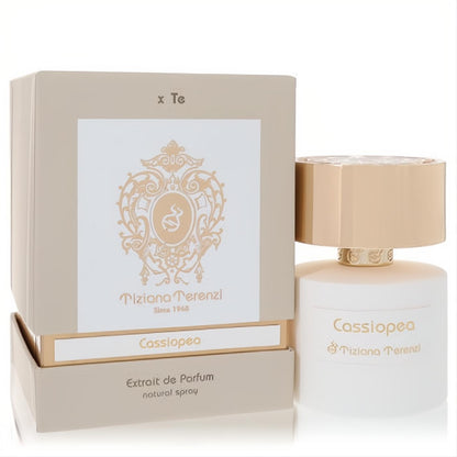 Elegant Tiziana Terenzi Cassiopea 3.38 oz Extrait De Parfum. White bottle, gold cap, and ornate beige box.