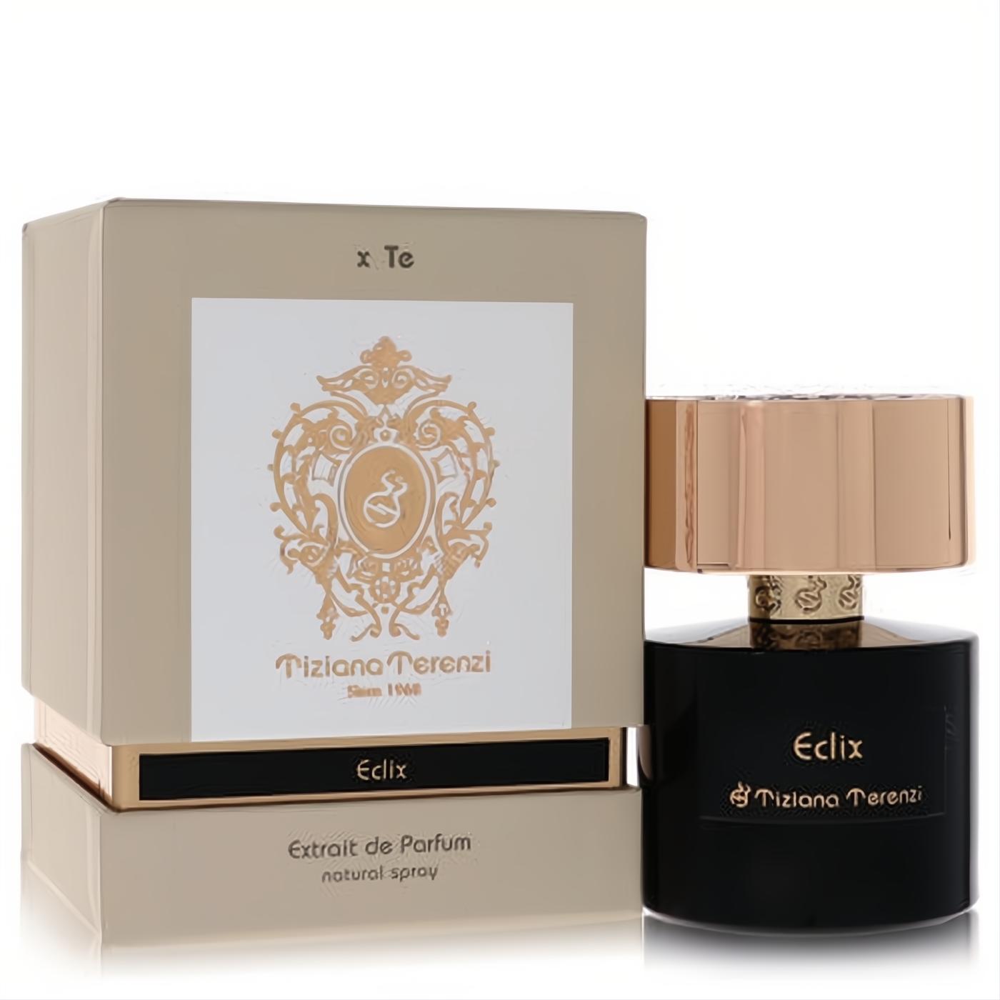 Luxurious Tiziana Terenzi Eclix unisex perfume: sleek black bottle, radiant gold cap, and elegant beige box with gold accents.
