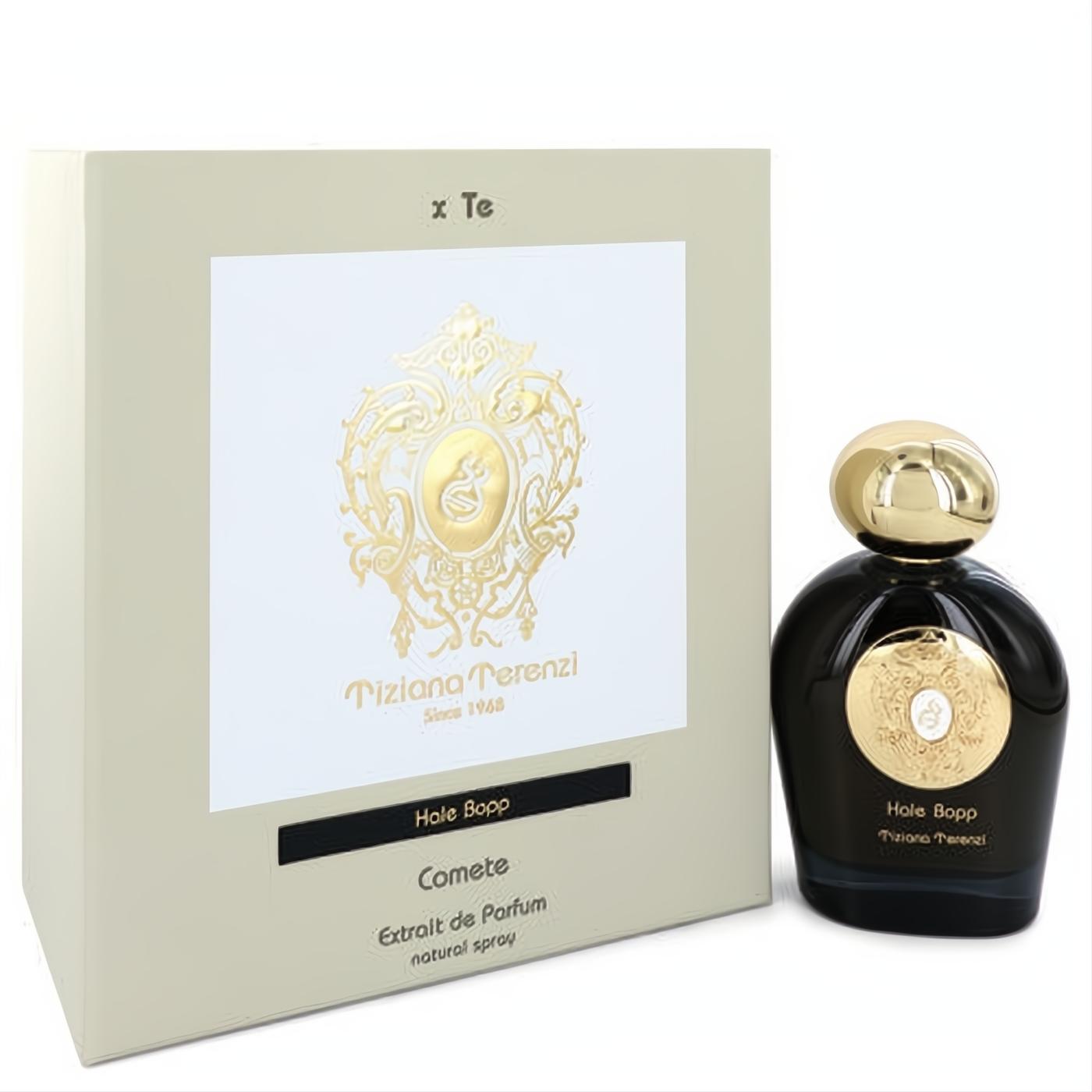 Luxurious Tiziana Terenzi Hale Bopp unisex perfume. Dark, rounded bottle with gold cap and elegant beige box.