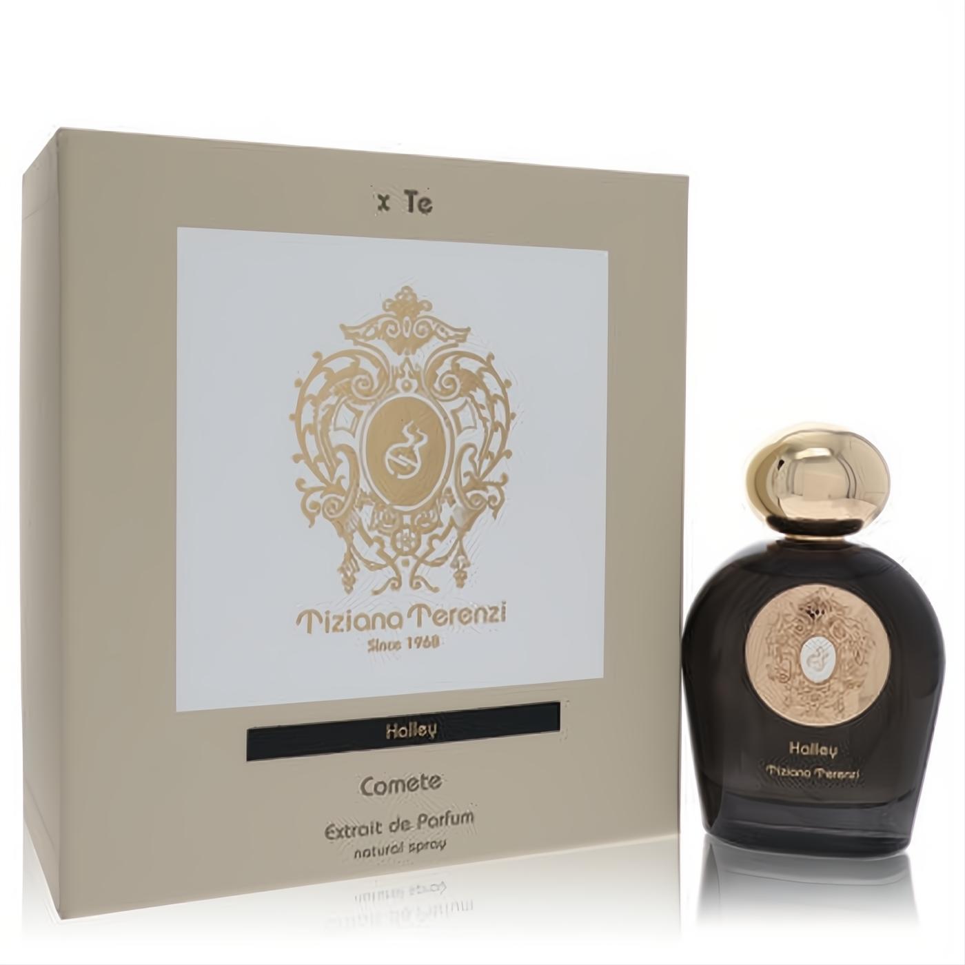 Experience luxury with Tiziana Terenzi Halley 3.38 oz unisex Extrait de Parfum. Dark glass bottle, gold cap, and ornate label with elegant beige box.