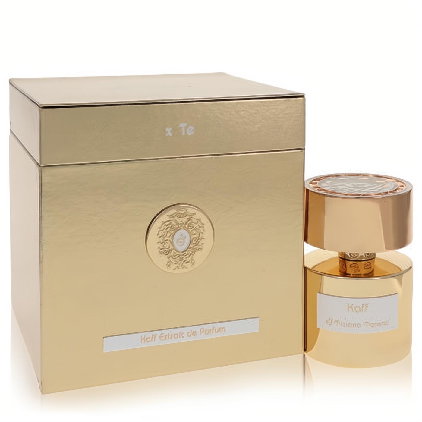 Discover Tiziana Terenzi Kaff Extrait De Parfum 3.38 oz. Luxurious gold bottle, textured cap, and elegant embossed box.