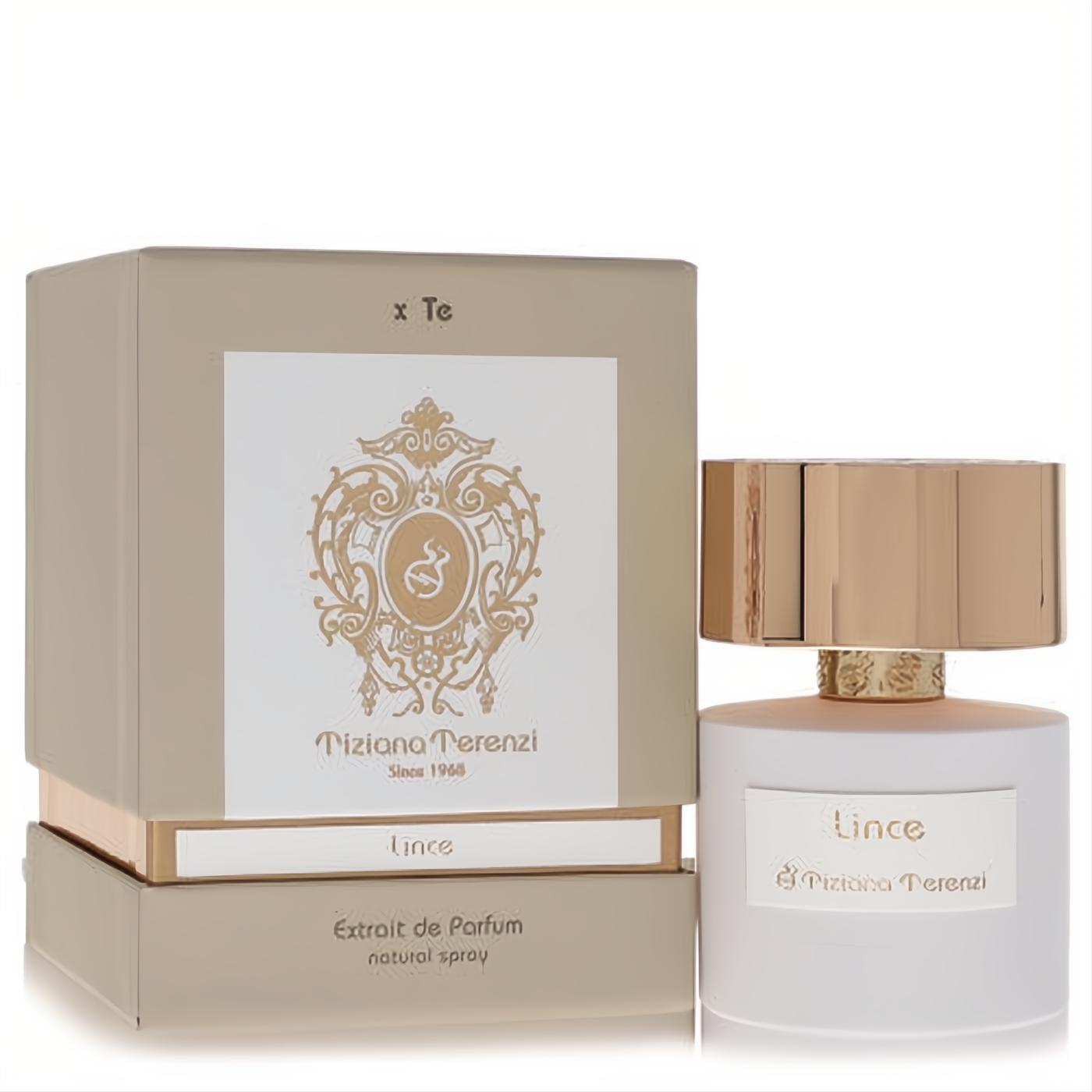 Experience Tiziana Terenzi Lince extrait de parfum: a luxurious frosted white bottle, radiant gold cap, and elegant beige presentation box.