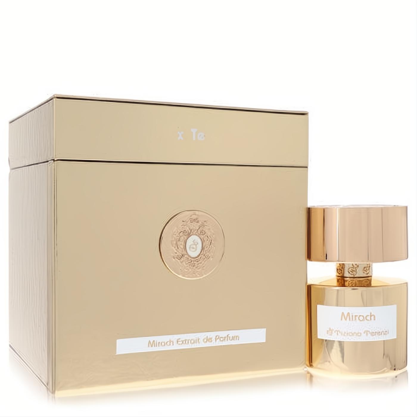 Stunning Tiziana Terenzi Mirach 3.38 oz extrait de parfum in a gold bottle with metallic cap, next to its elegant embossed gold box.