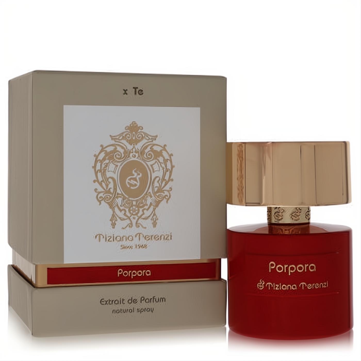 Tiziana Terenzi Porpora 3.38 oz Extrait De Parfum. Elegant red bottle with ornate gold cap, next to its beige and red display box.