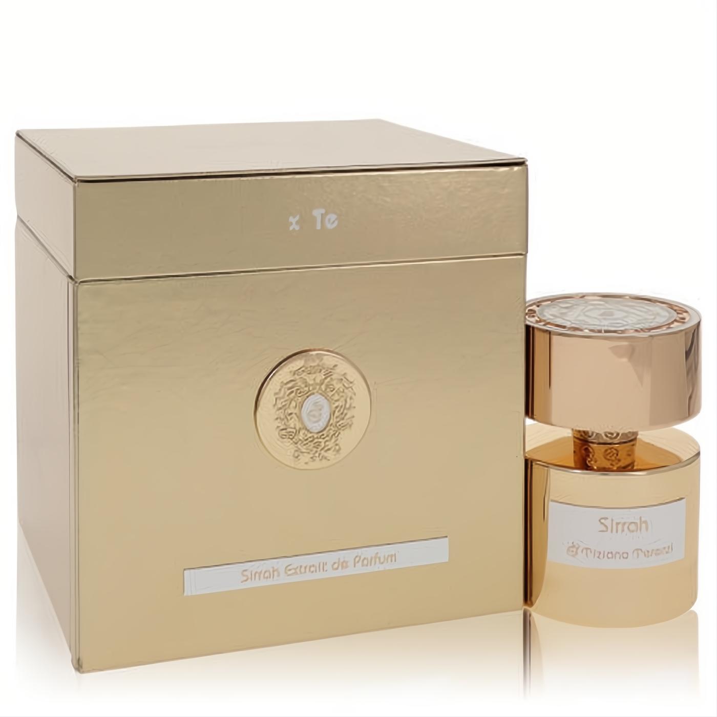 Exquisite gold Tiziana Terenzi Sirrah Extrait De Parfum bottle with ornate cap, alongside its luxury presentation box.