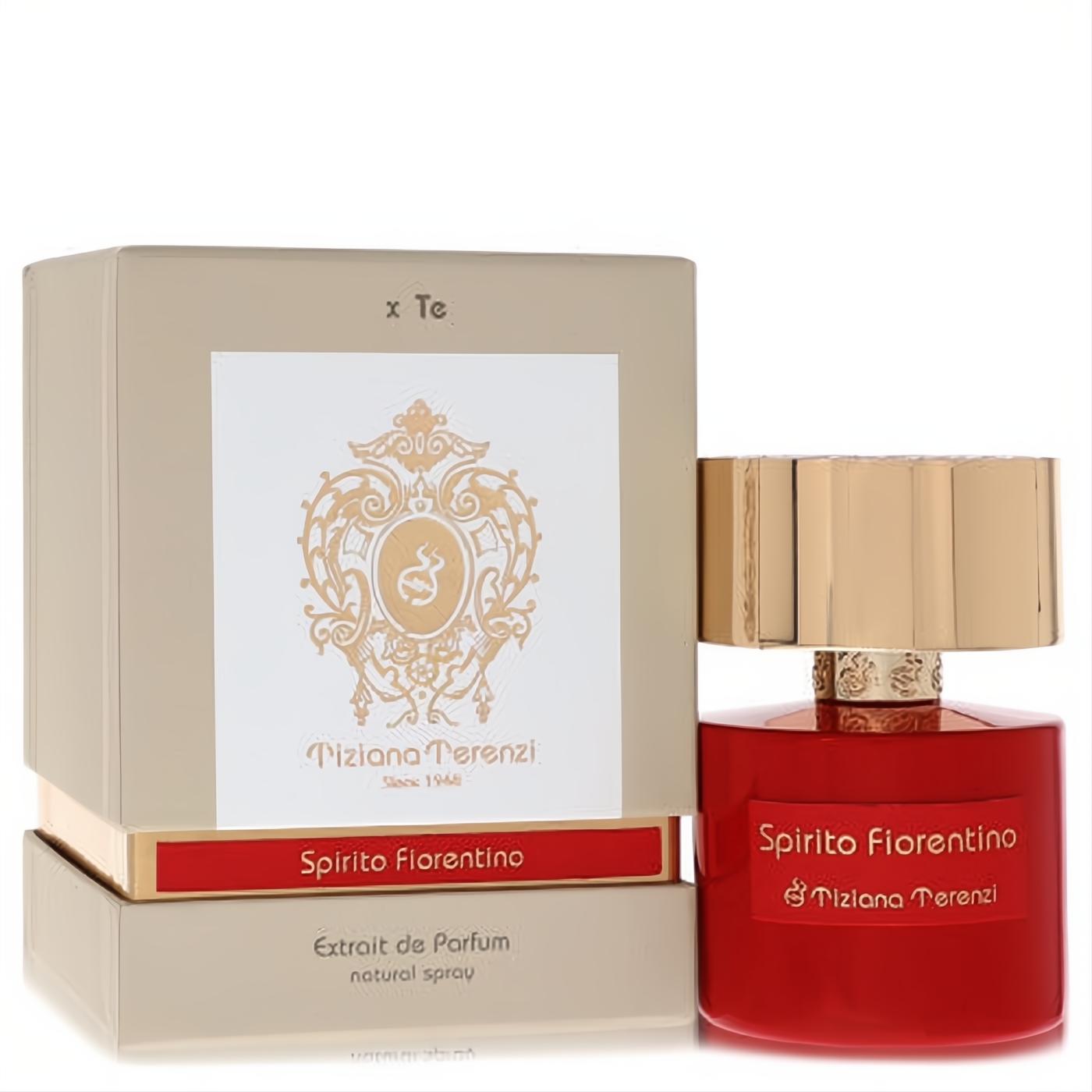 Tiziana Terenzi Spirito Fiorentino Extrait De Parfum: a luxurious red bottle with a ridged gold cap, presented in an elegant cream box.