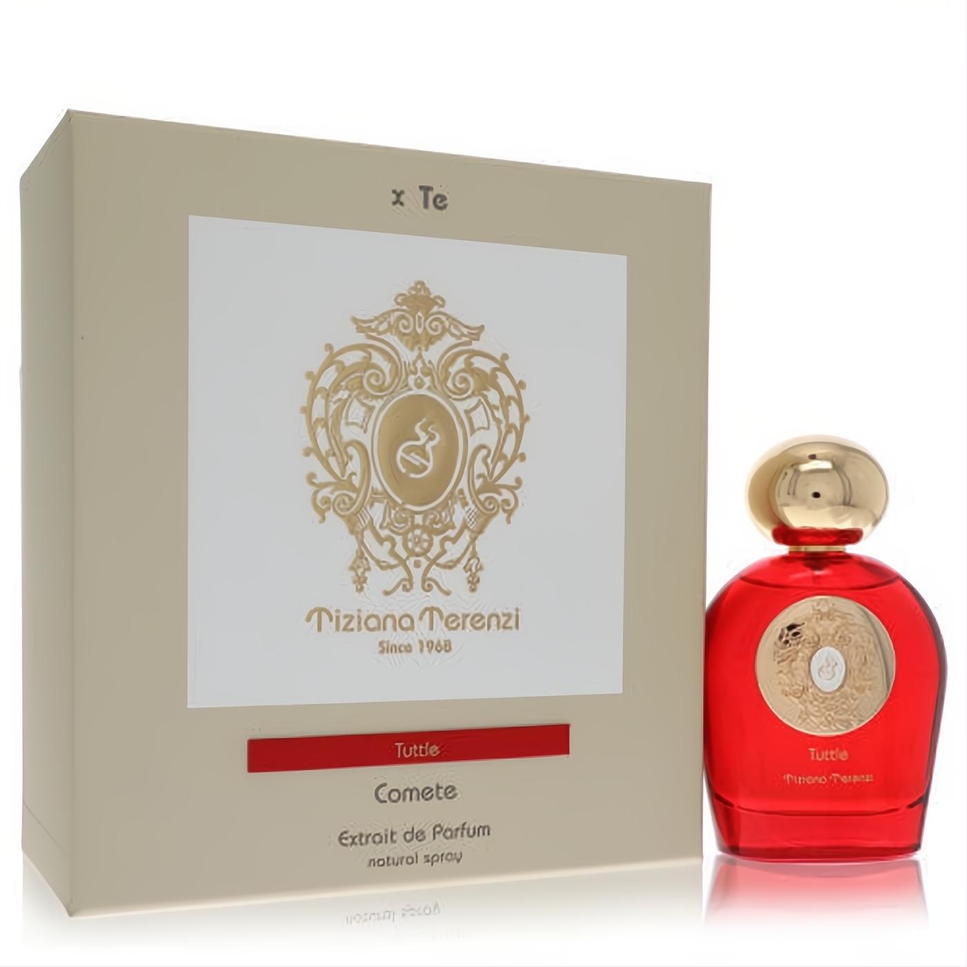 Tiziana Terenzi Tuttle 3.4 oz unisex extrait de parfum. Luxurious red glass bottle with gold cap and elegant beige box.