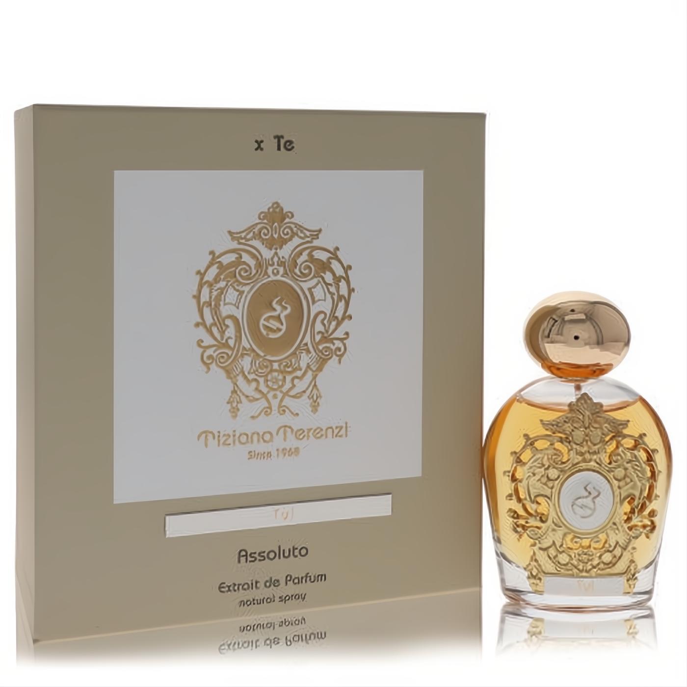 Tiziana Terenzi Tyl Extrait De Parfum: luxurious gold bottle with ornate crest, golden liquid, and elegant beige box.