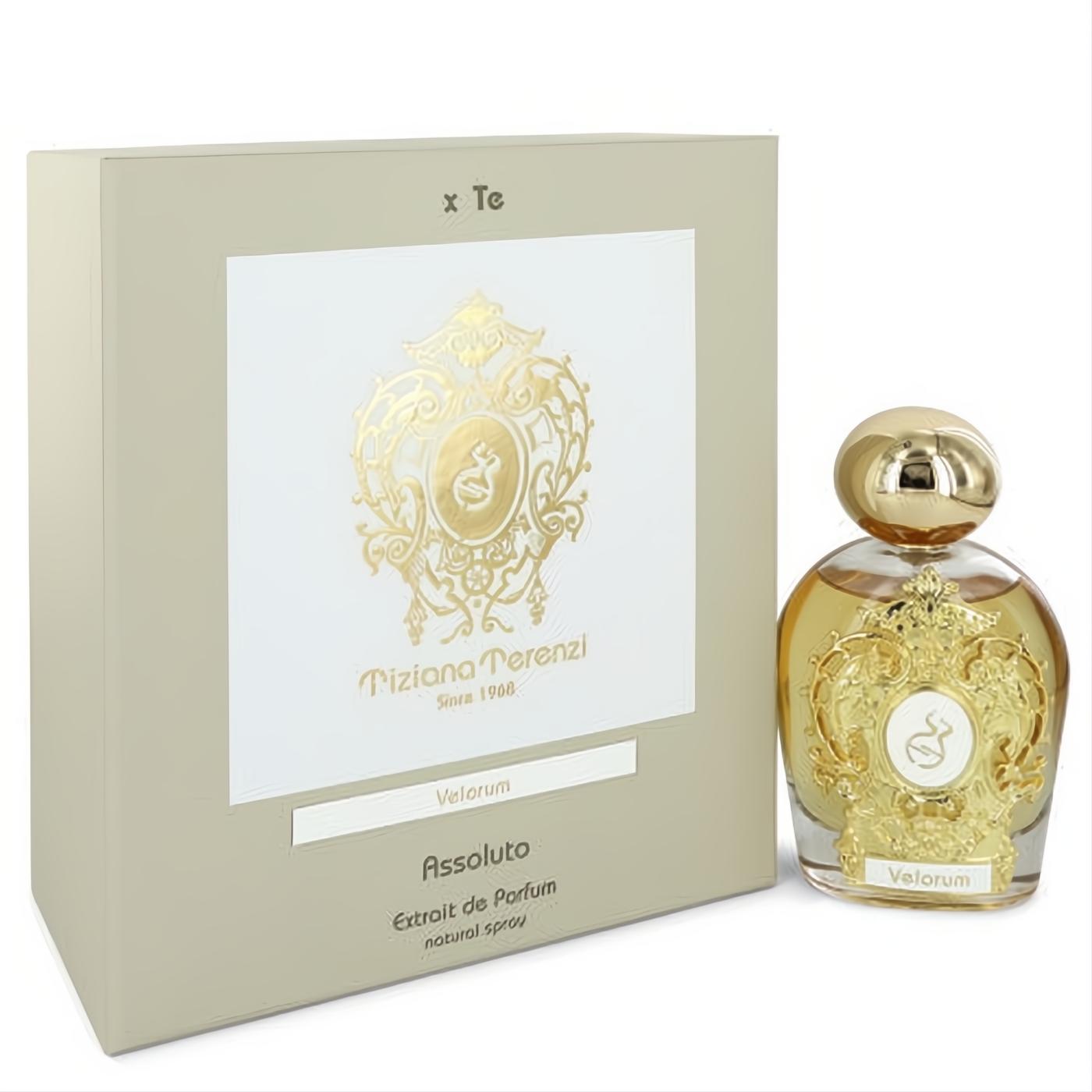 Tiziana Terenzi Velorum Extrait de Parfum: opulent gold bottle and elegant beige box with intricate gold branding.