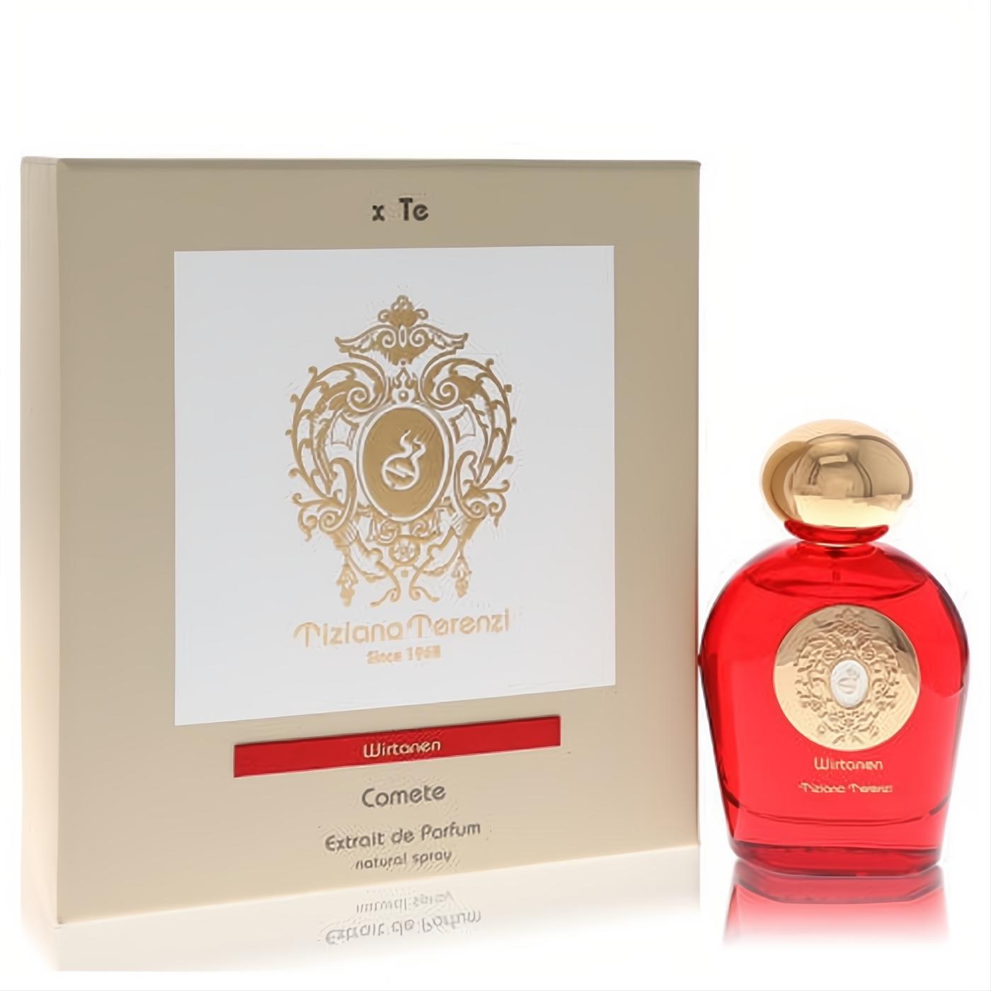 Tiziana Terenzi Wirtanen 3.38 oz unisex Extrait de Parfum: captivating red bottle, gold cap, and luxurious cream box.